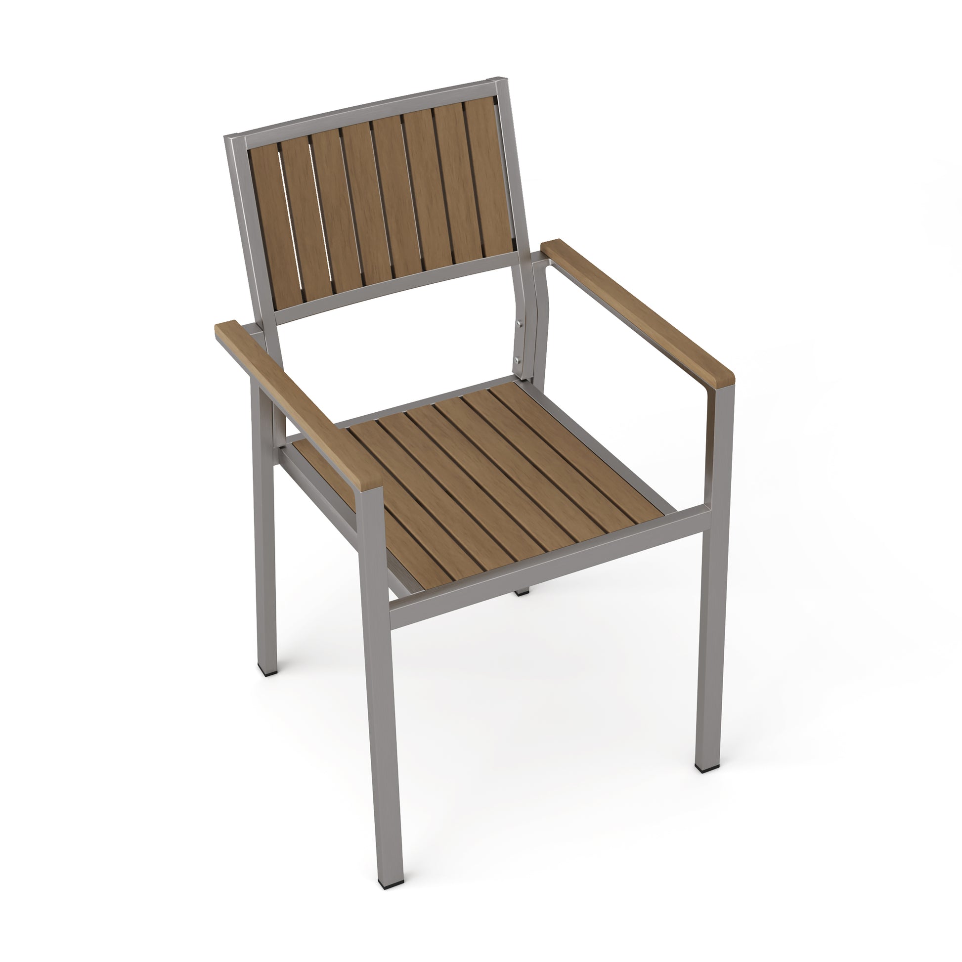 Modern outdoor chair with grey metal frame and woodlook slats