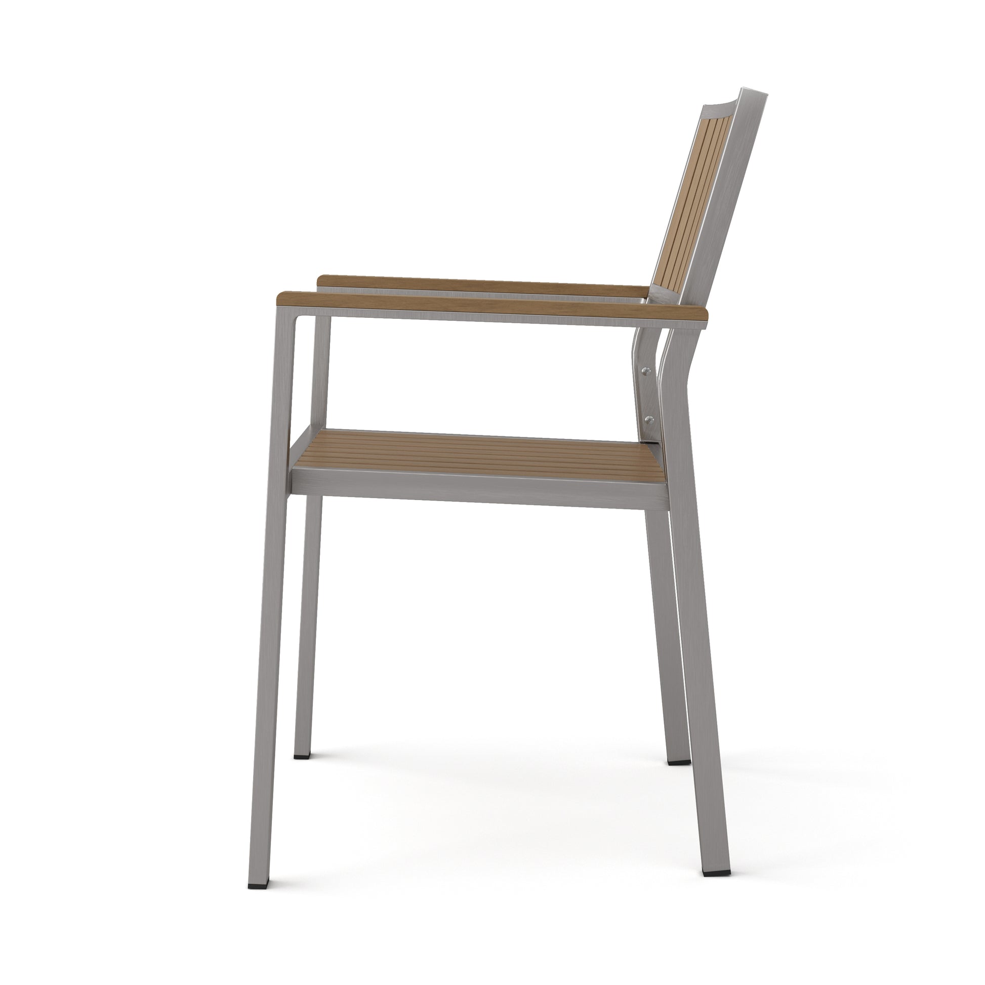 Modern outdoor dining chair with brushed aluminum frame and teak slats