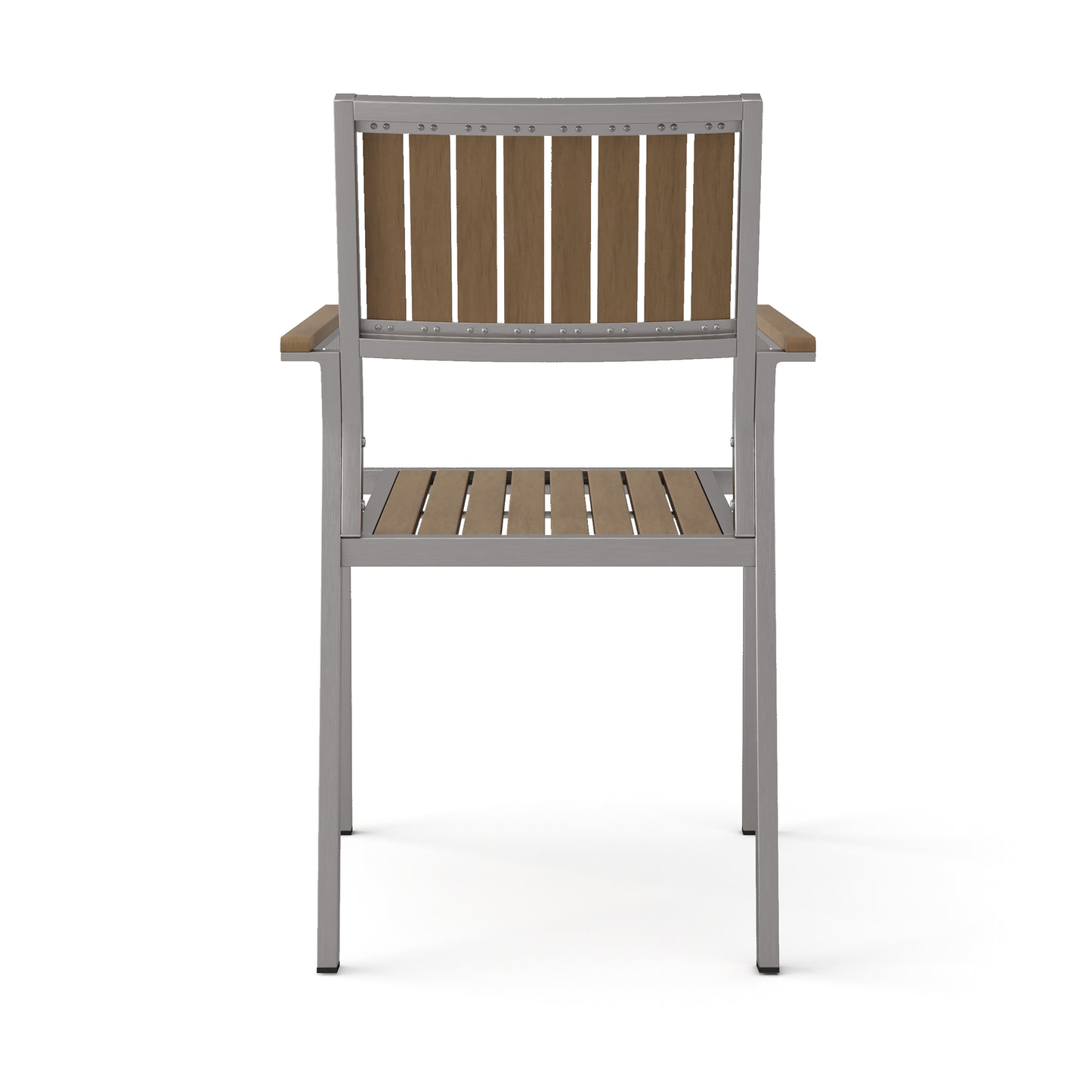 Gray metal outdoor chair with natural wood slats on seat and back