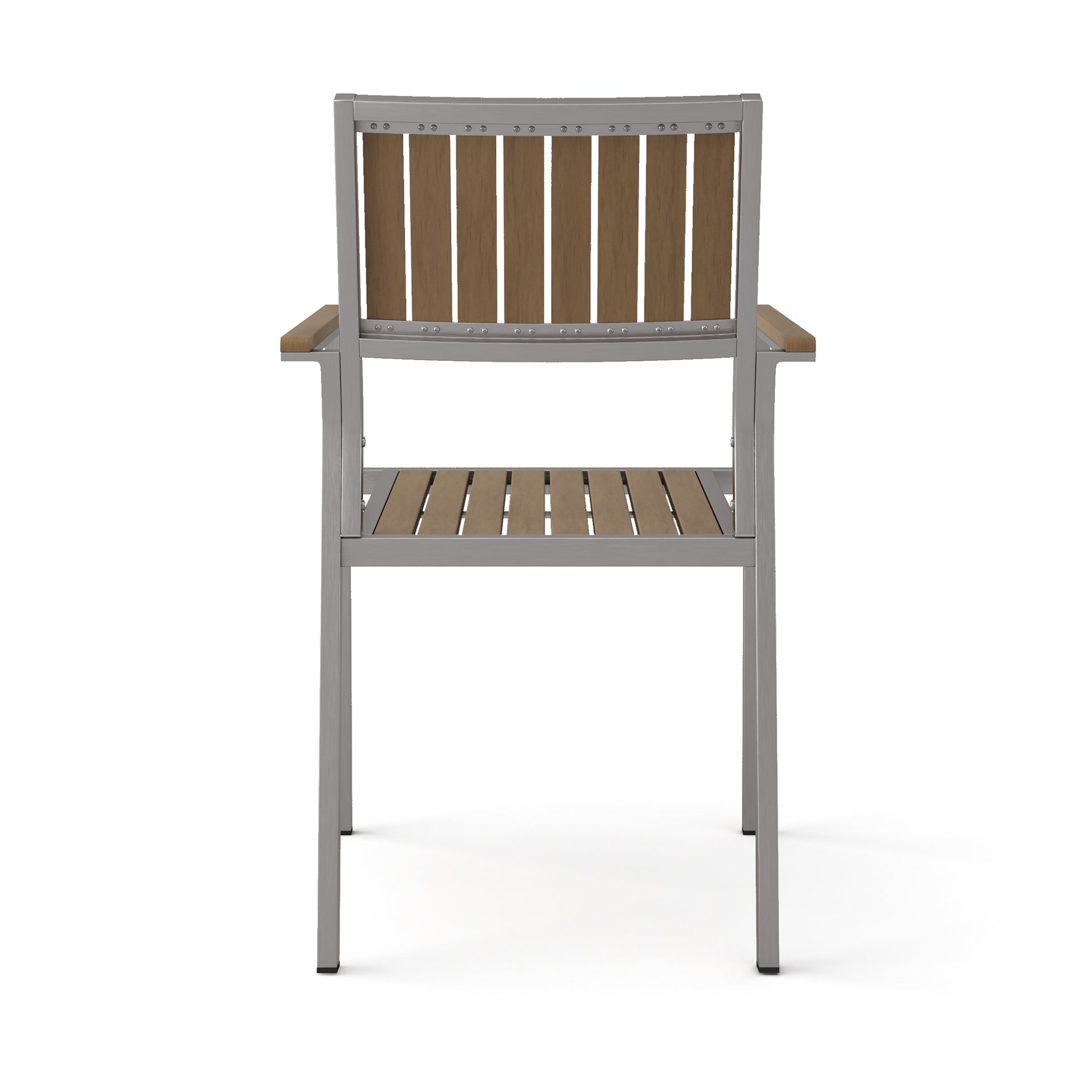 Gray metal outdoor chair with natural wood slats on seat and back