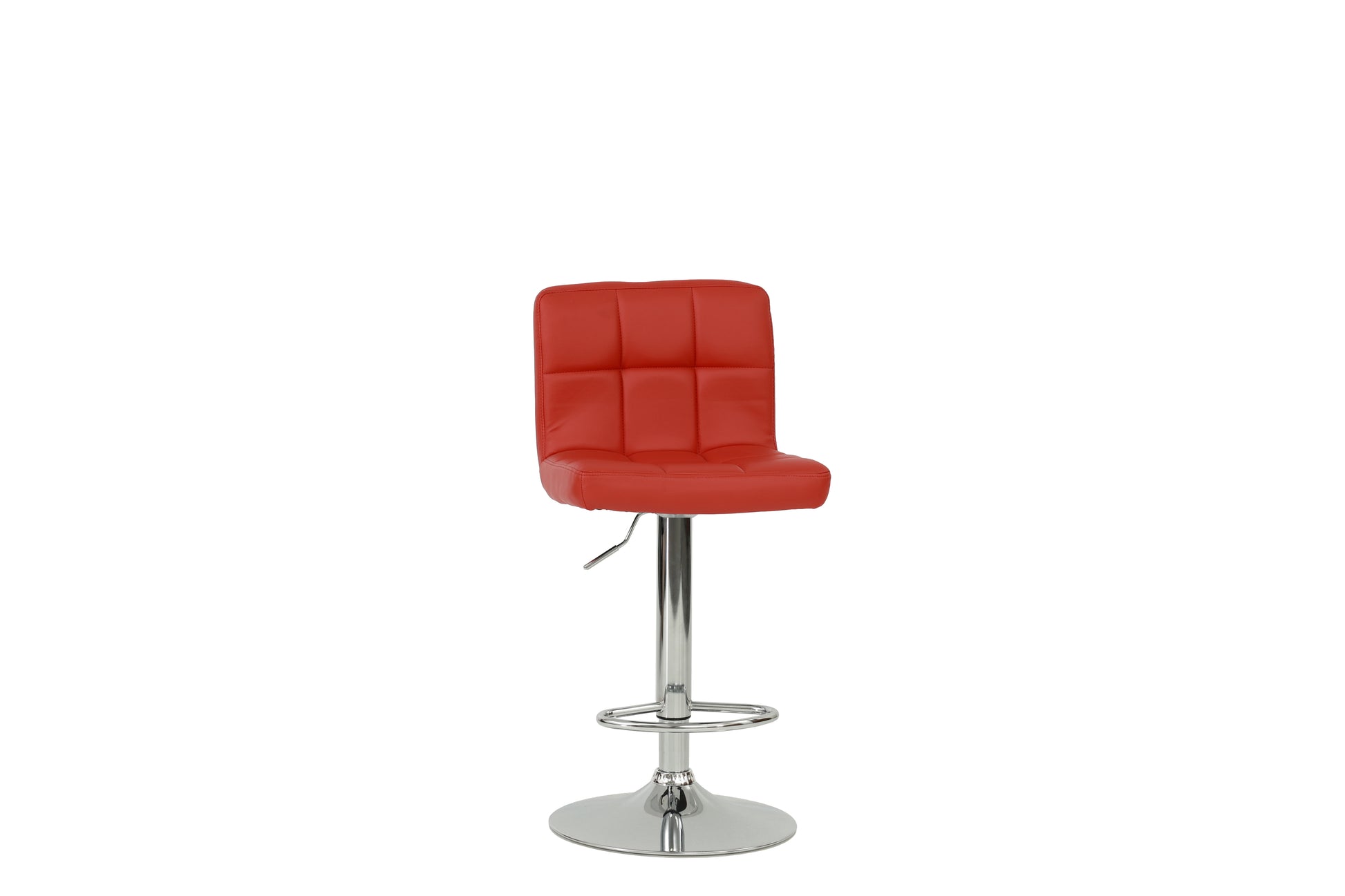Red tufted faux leather bar stool with chrome base and adjustable height