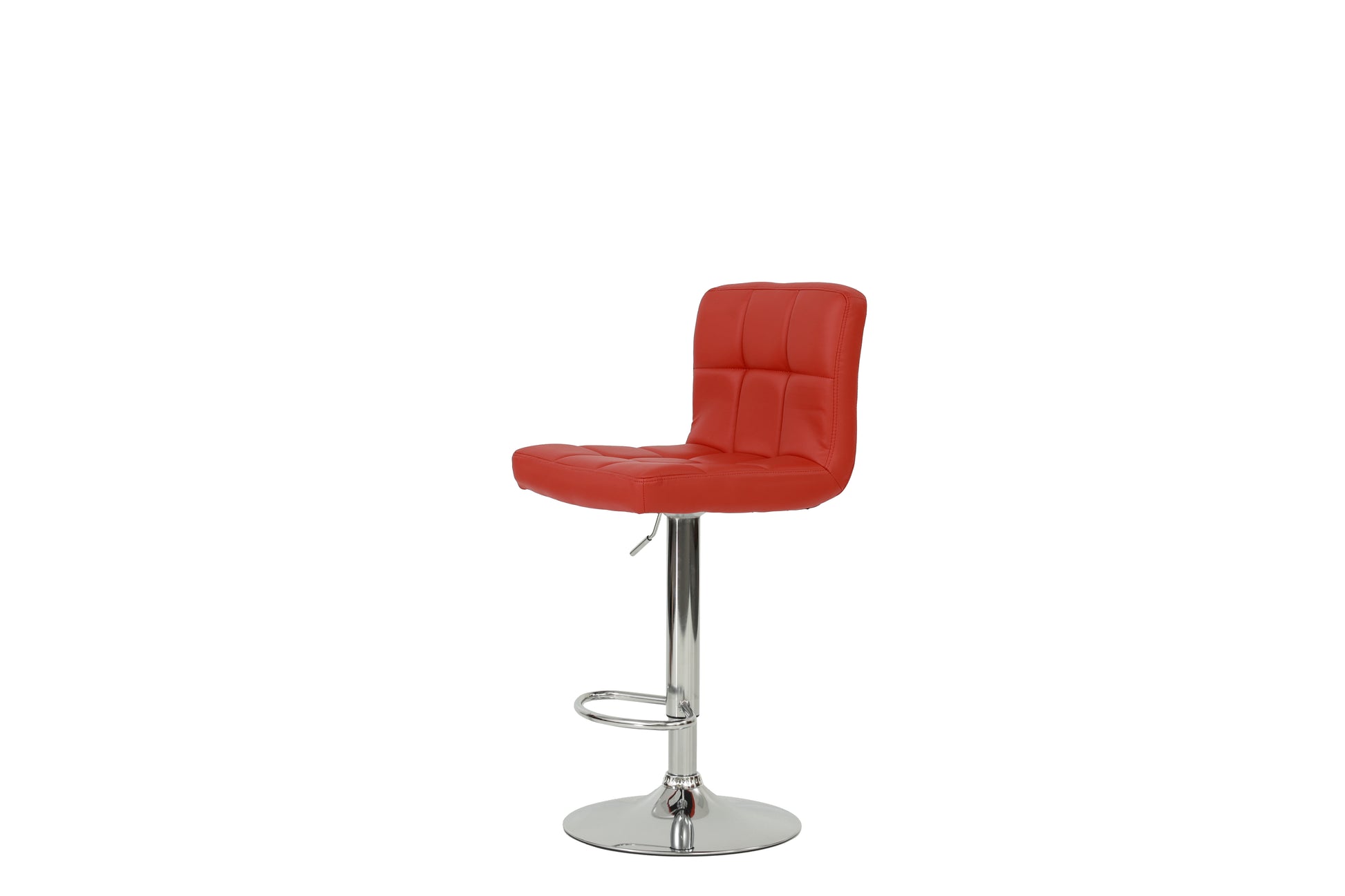 Red tufted faux leather bar stool with chrome base and footrest