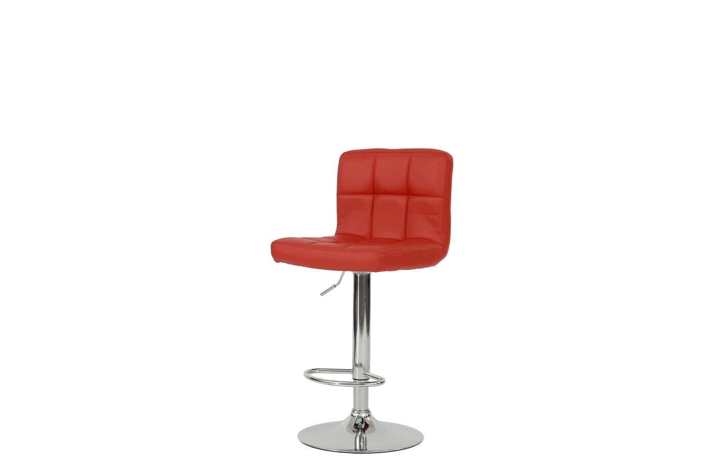 Red quilted faux leather bar stool with chrome base and adjustable height