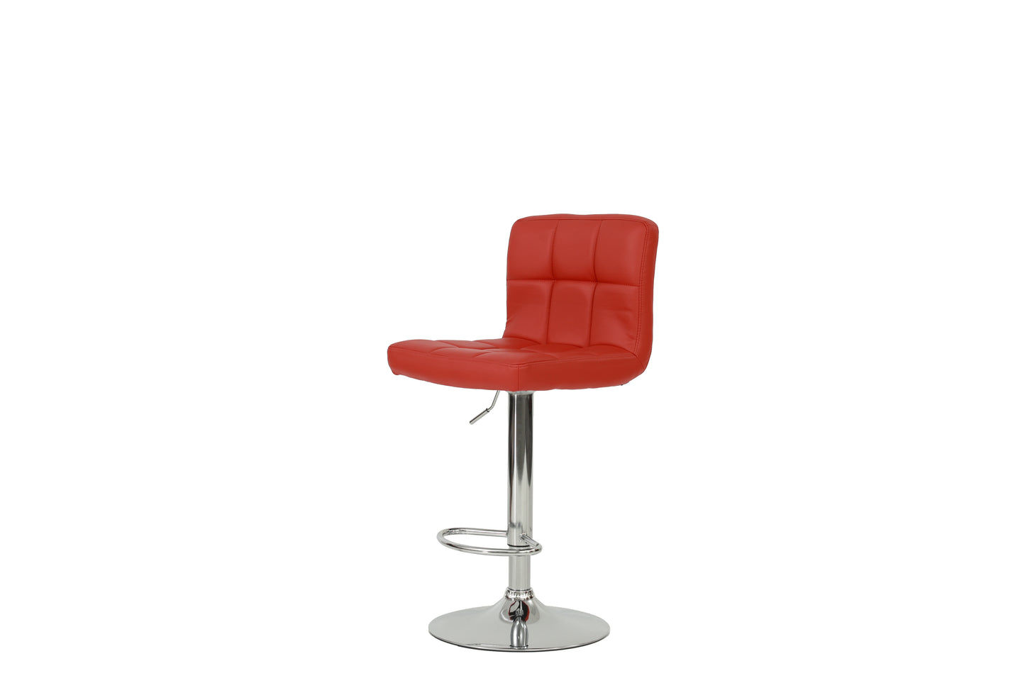 Red upholstered bar stool with tufted back and chrome base