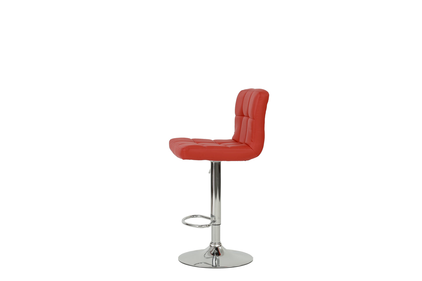 Red tufted faux leather bar stool with chrome base and adjustable height