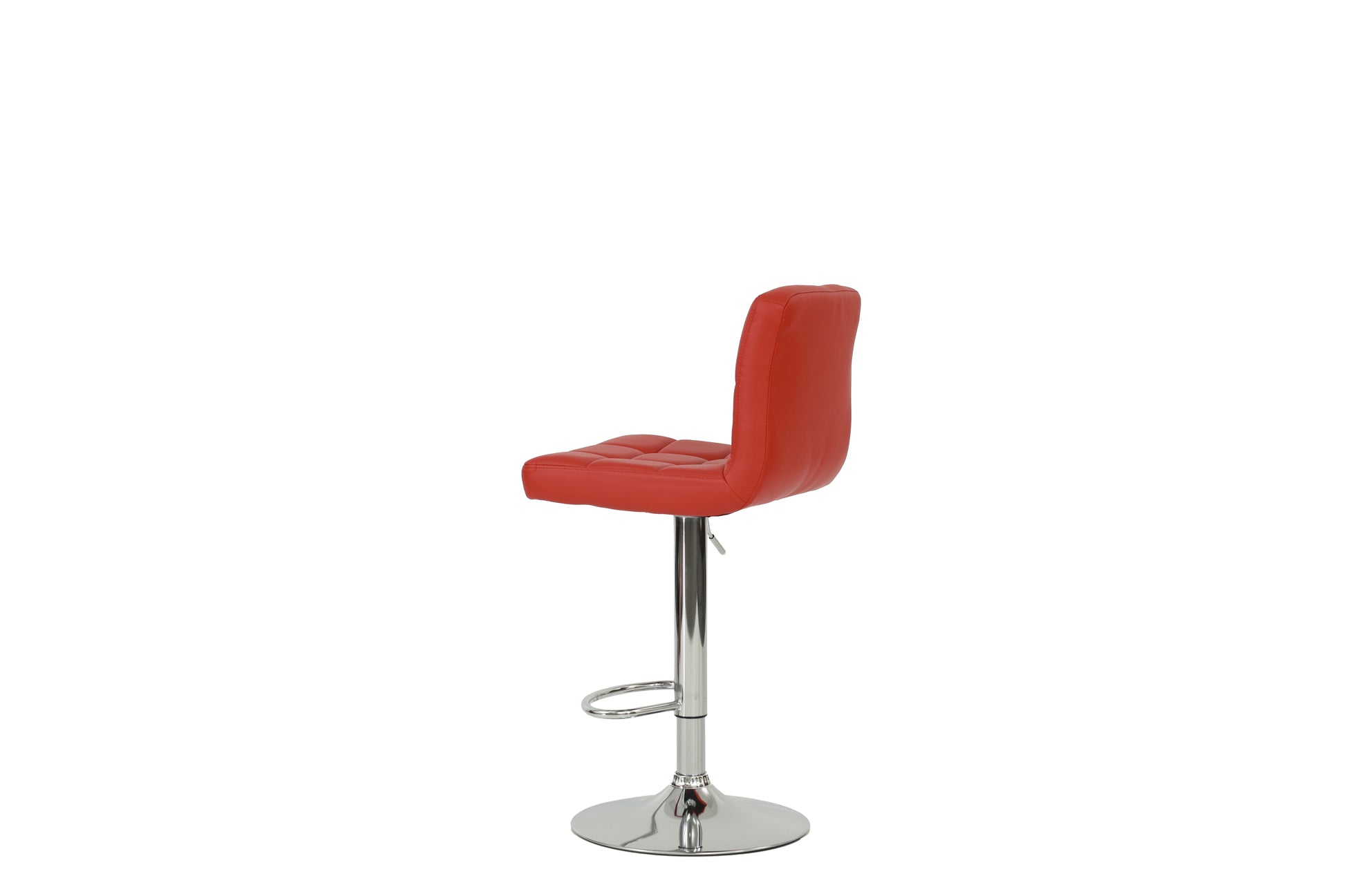 Red tufted leather adjustable bar stool with chrome base and footrest