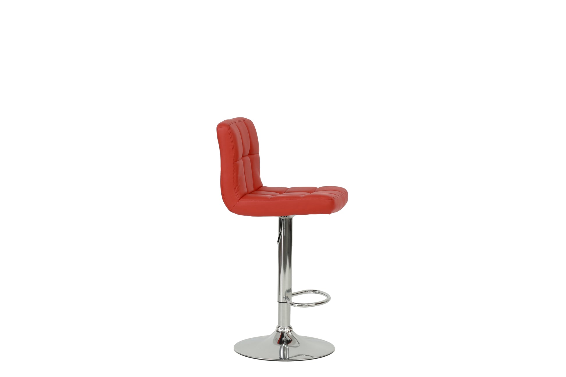 Red faux leather tufted bar stool with chrome base and footrest
