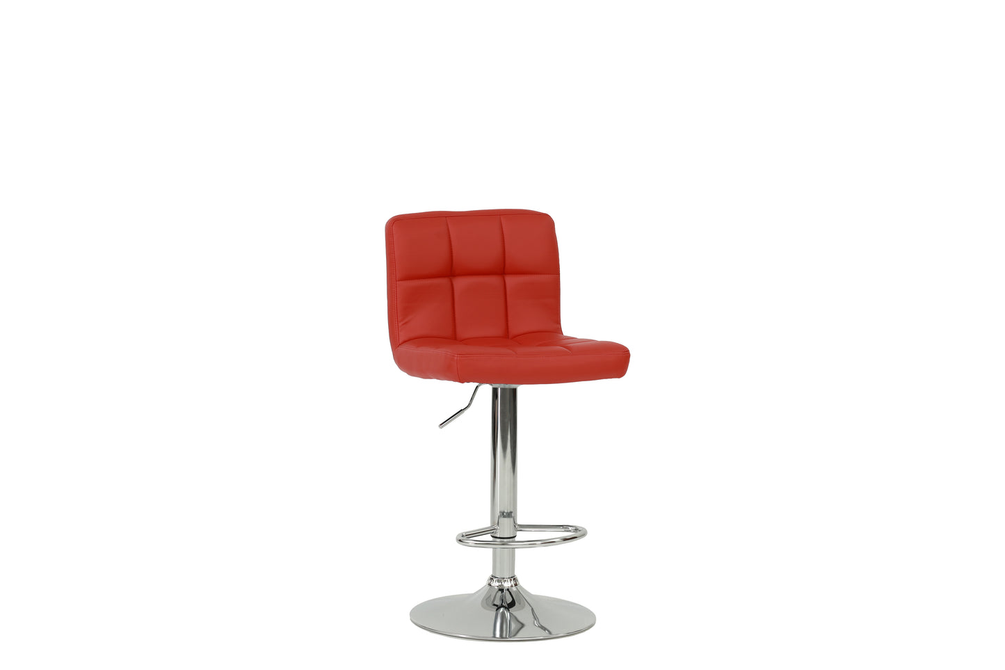 Red upholstered bar stool with chrome base and adjustable height