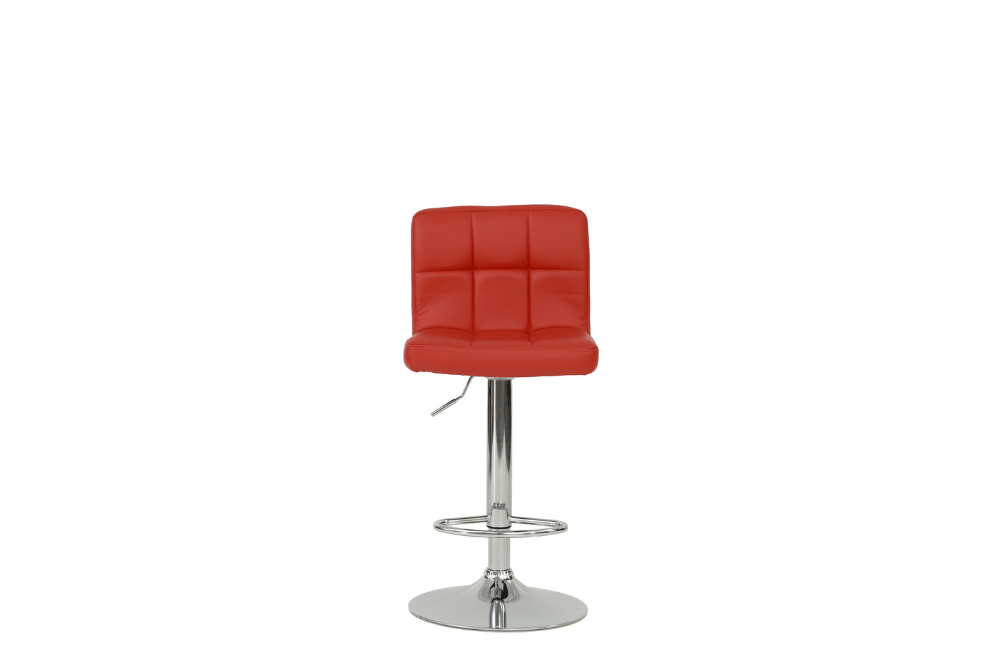 Red tufted faux leather bar stool with chrome base and adjustable height