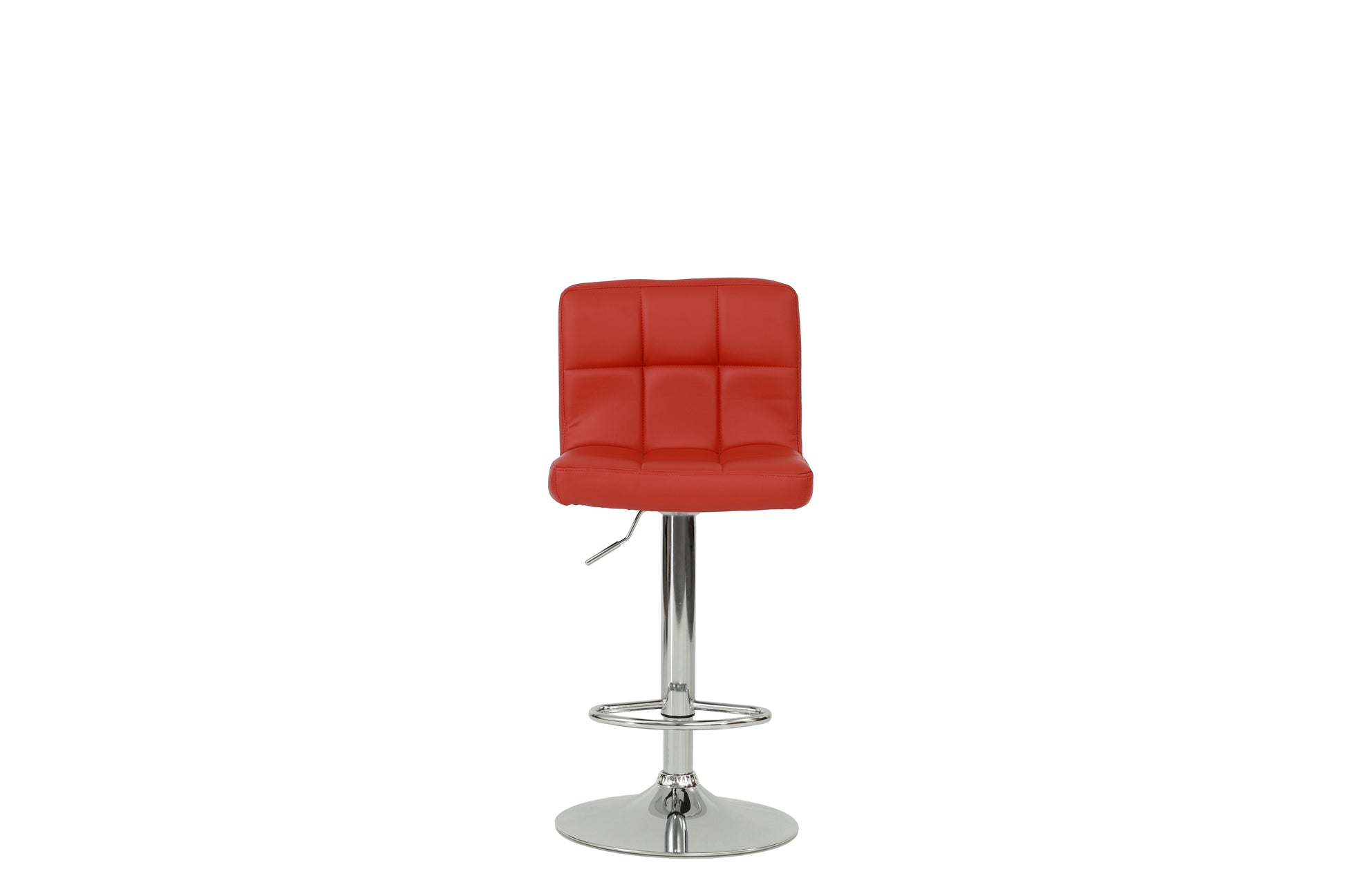 Red tufted faux leather bar stool with chrome base and adjustable height