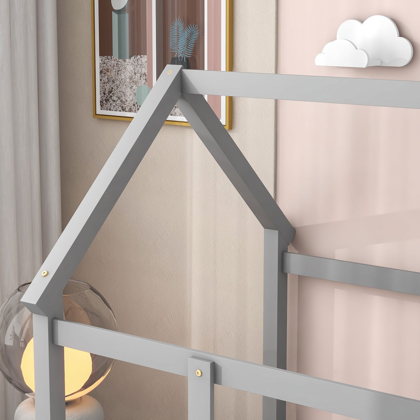 Gray wooden house bed frame with angled roof beams