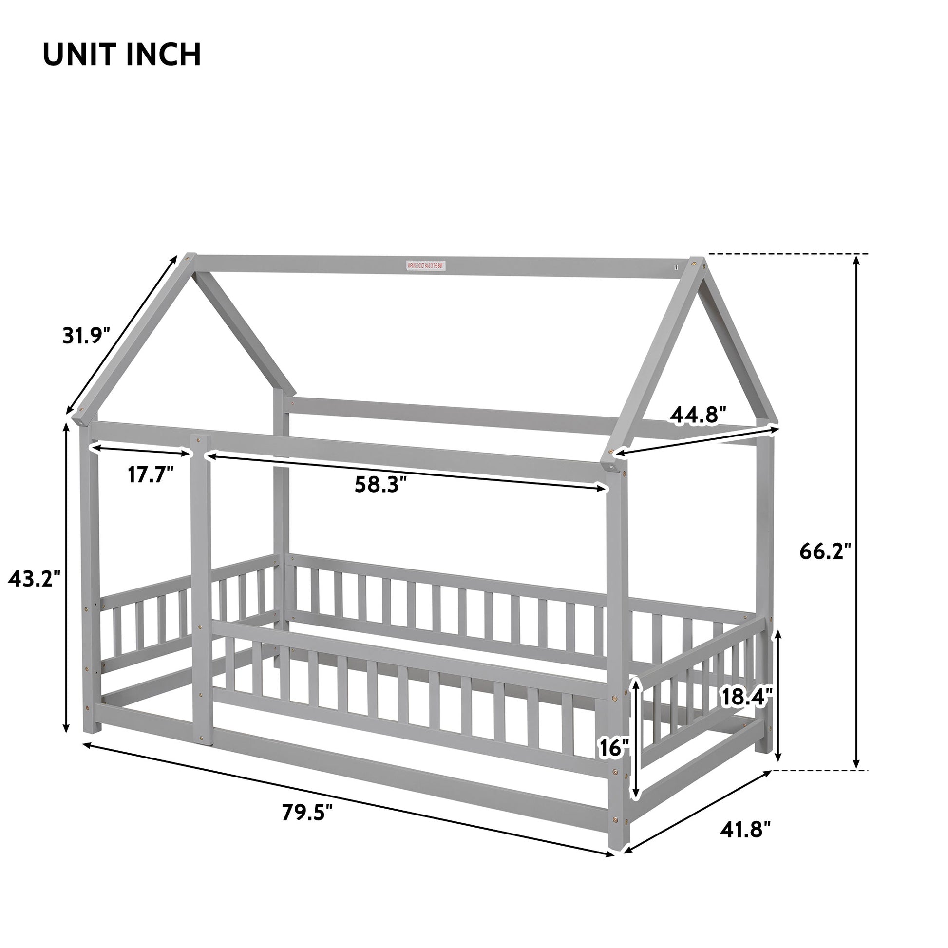 Gray wooden toddler bed frame with house design dimensions