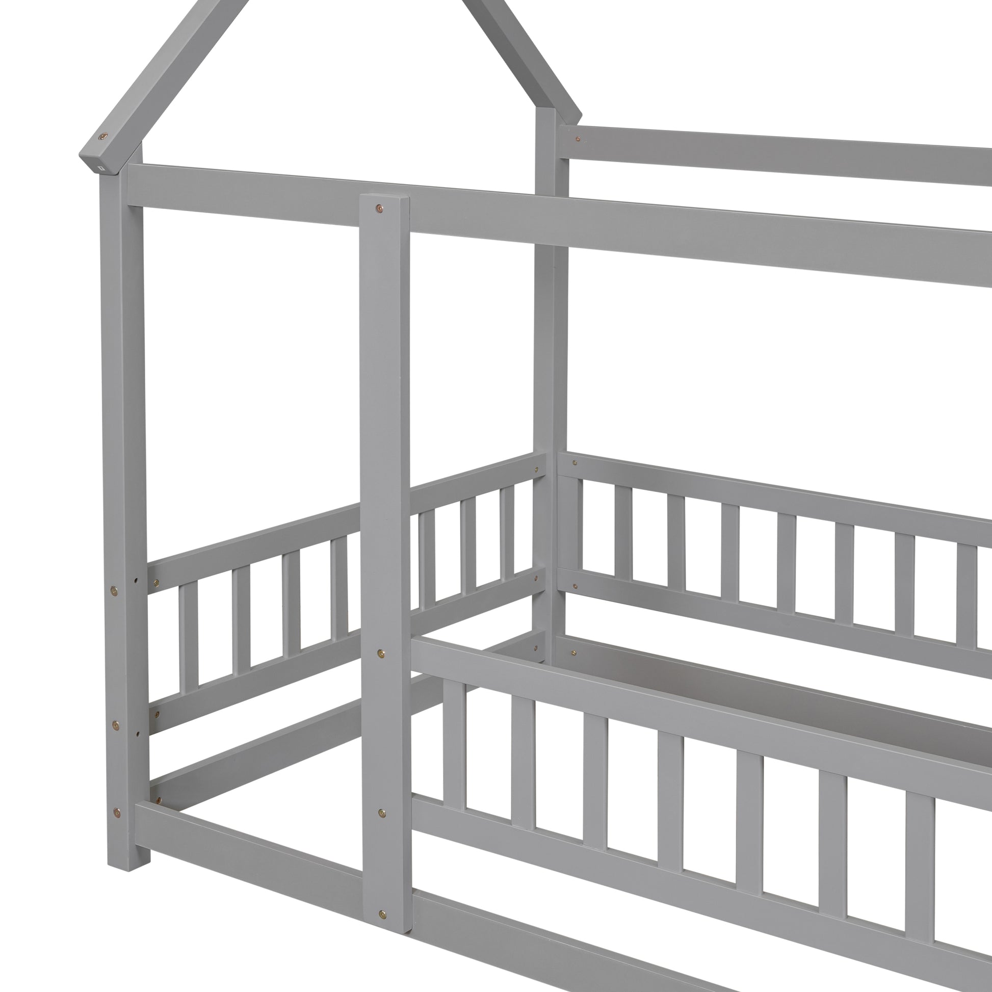 Gray wooden house bed frame with slatted side rails and roof structure