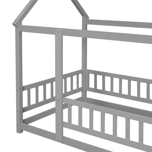 Gray wooden house bed frame with slatted side rails and roof structure
