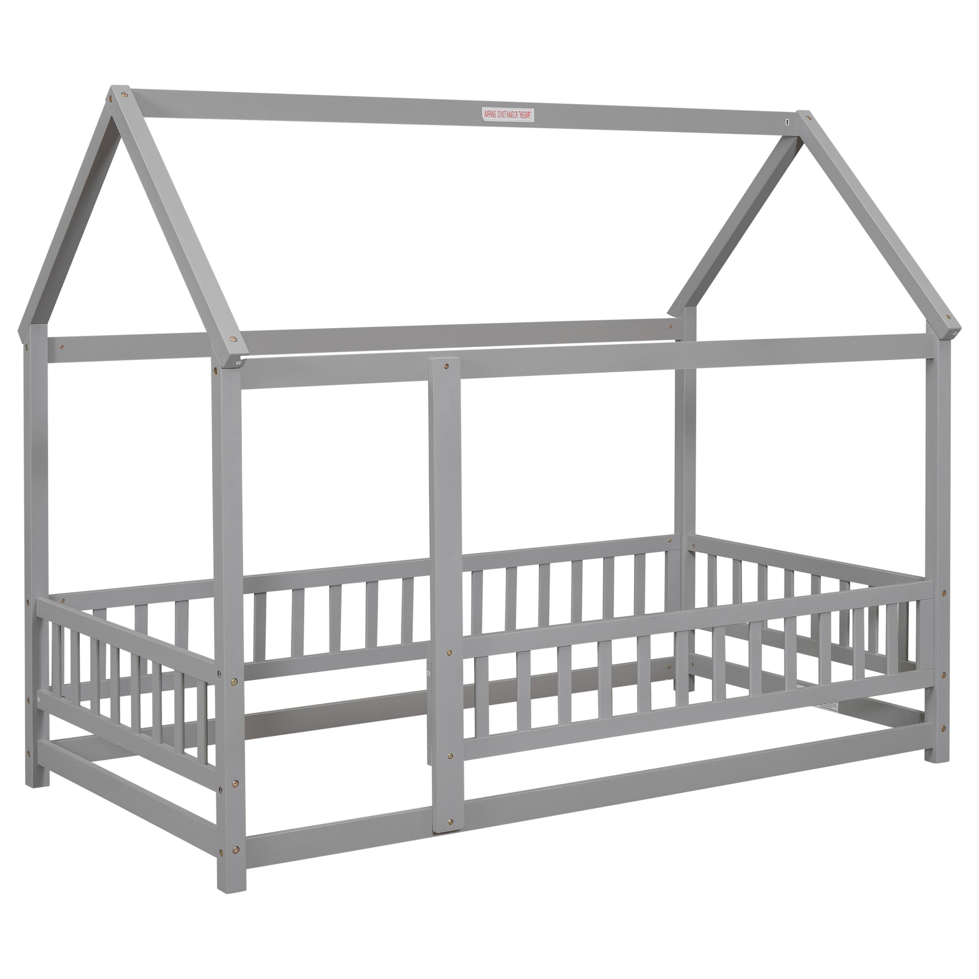 Modern grey wooden house bed frame with safety rails for kids
