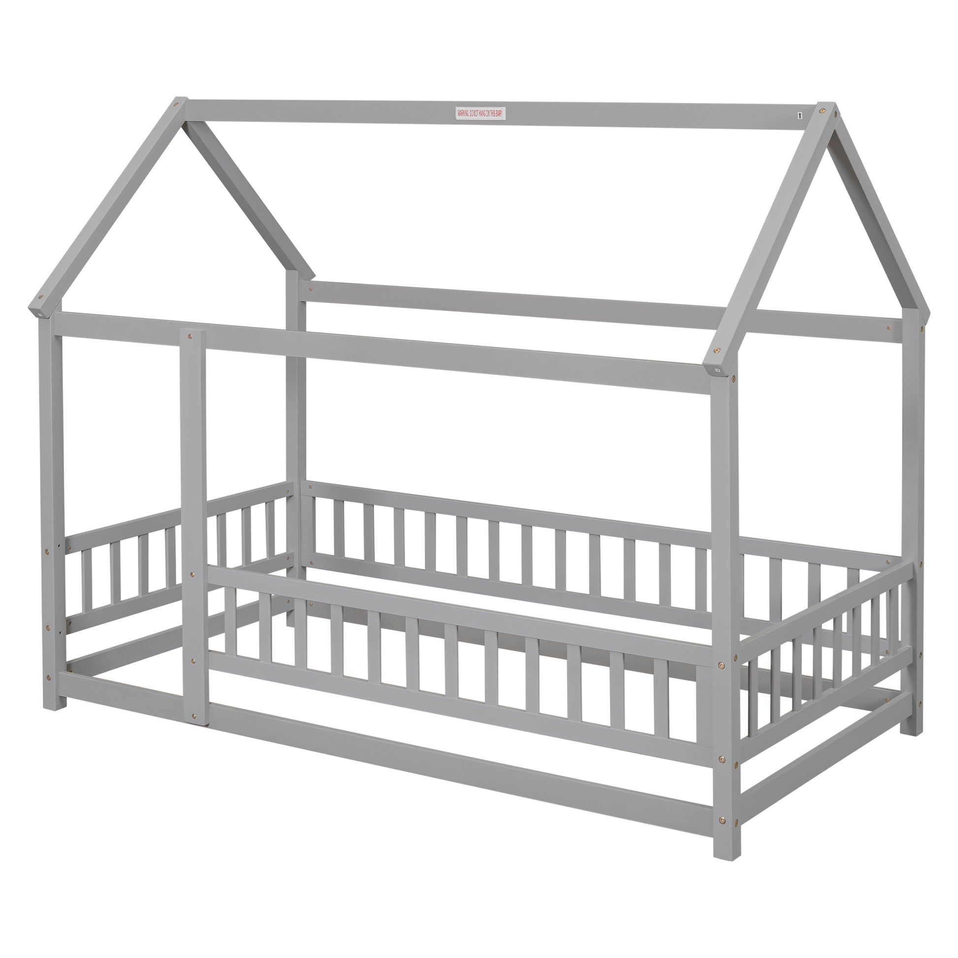Gray wooden house bed frame with slatted sides for child safety