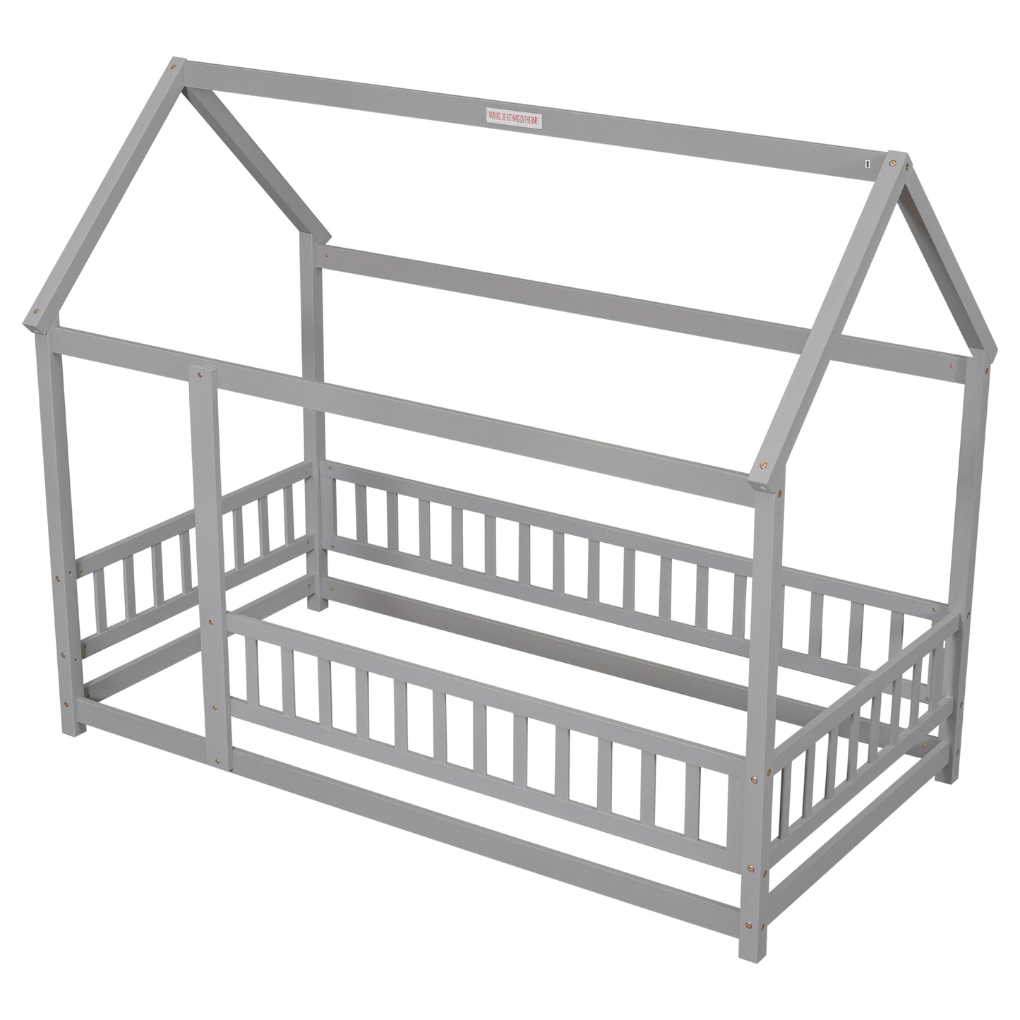 Gray wooden house bed frame with slatted sides and a peaked roof