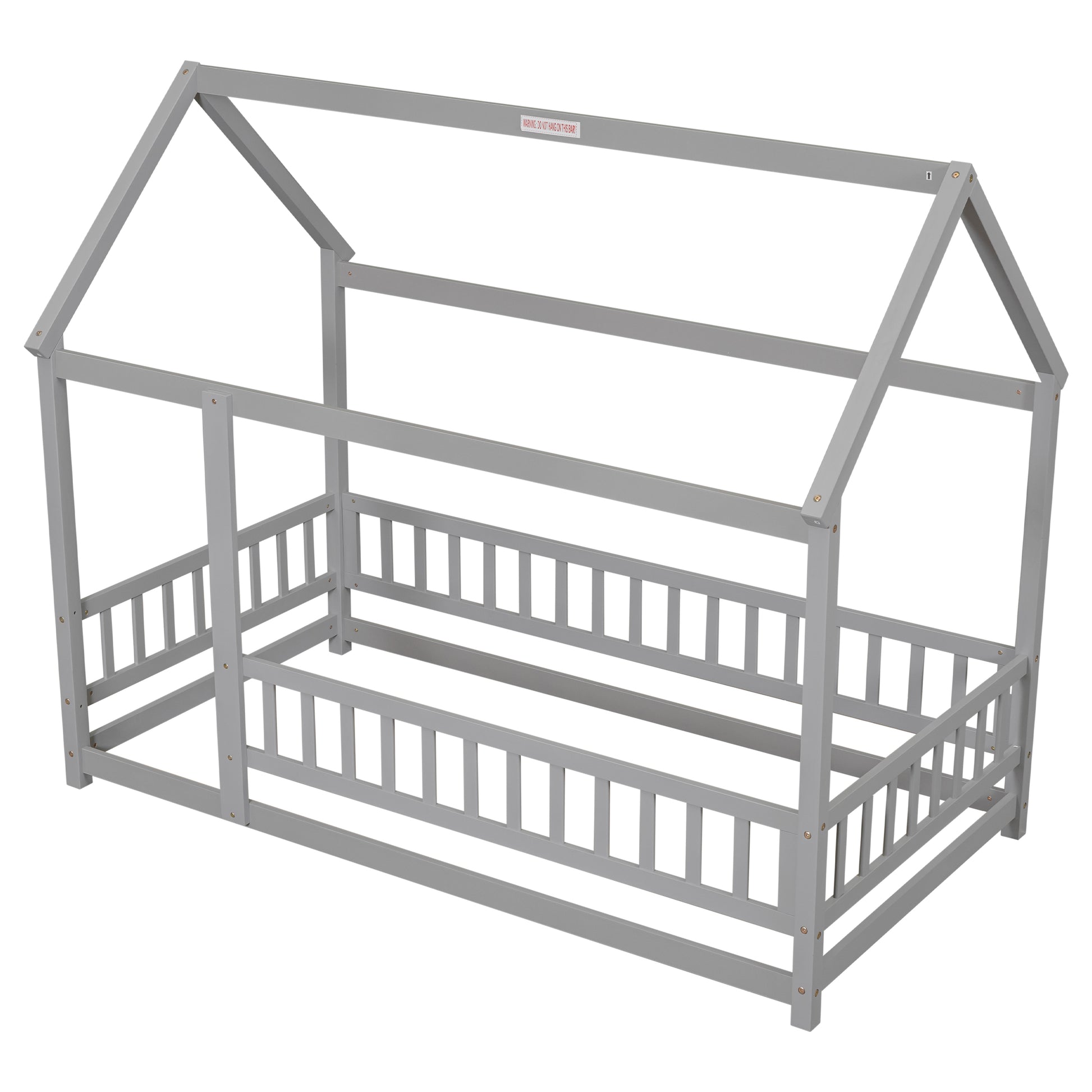 Gray wooden house bed frame with slatted sides and a peaked roof