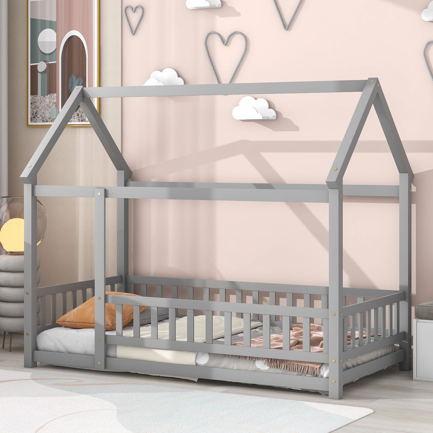 Gray wooden house bed frame for toddlers with protective rails