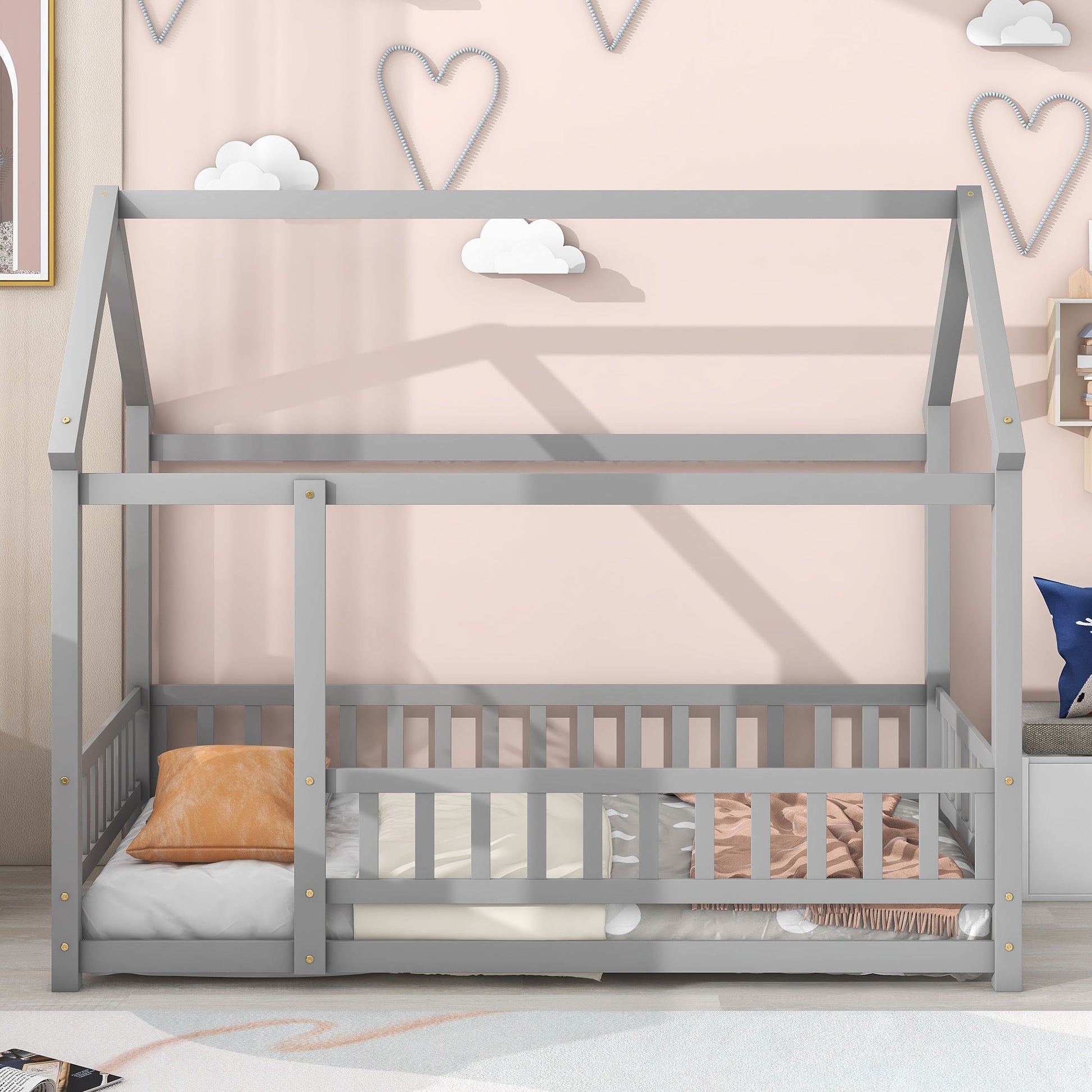 Gray wooden house bed frame with safety rails perfect for a childs bedroom