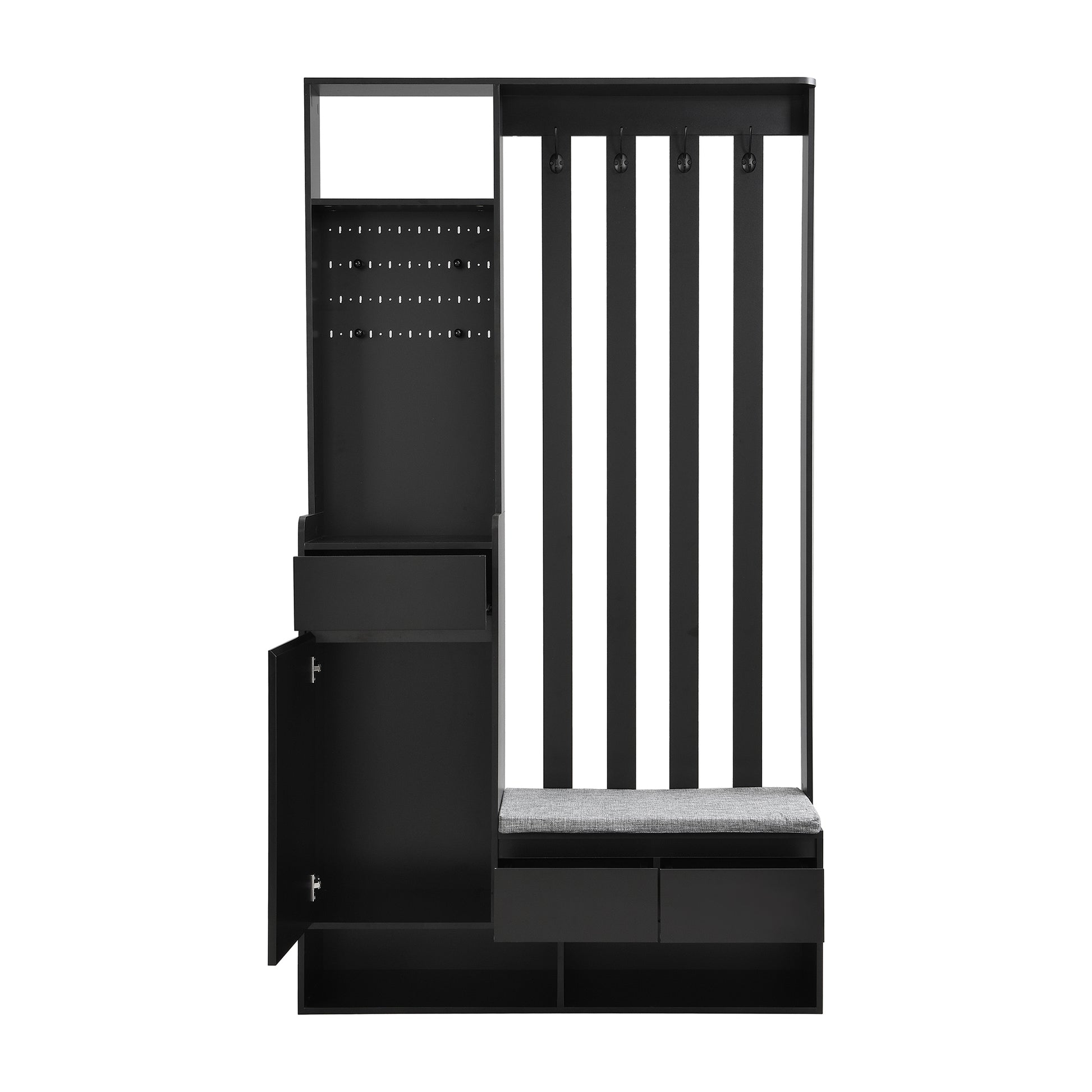 Black entryway organizer with bench and storage