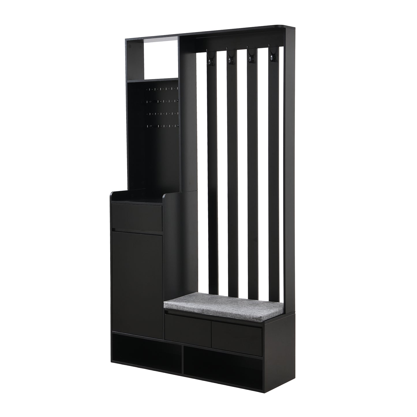 Modern black hall tree with bench and coat hooks