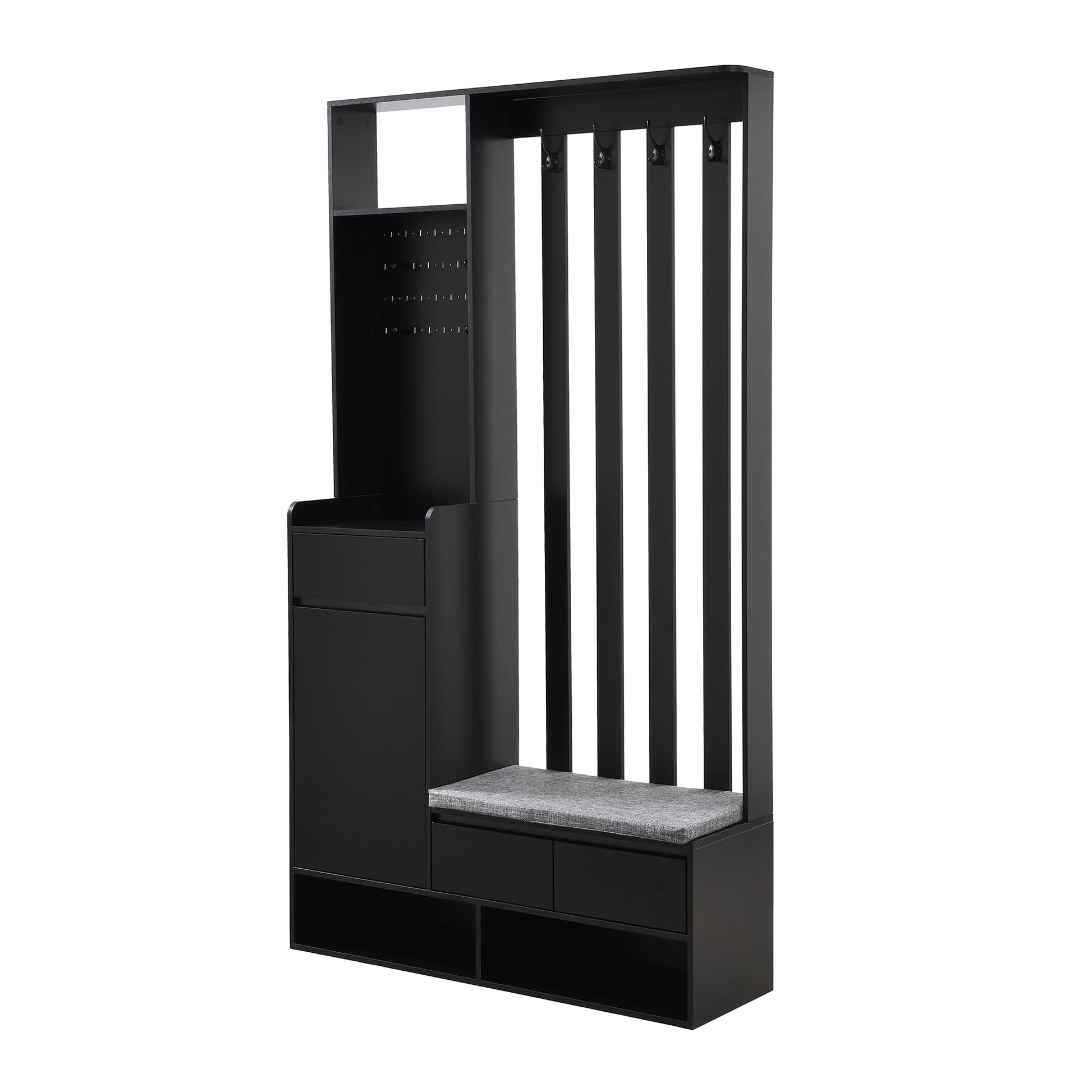 Modern black hall tree with bench and coat hooks