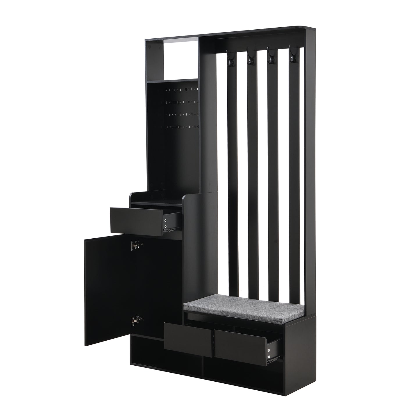 Black entryway organizer with bench multiple shelves drawers and coat hooks