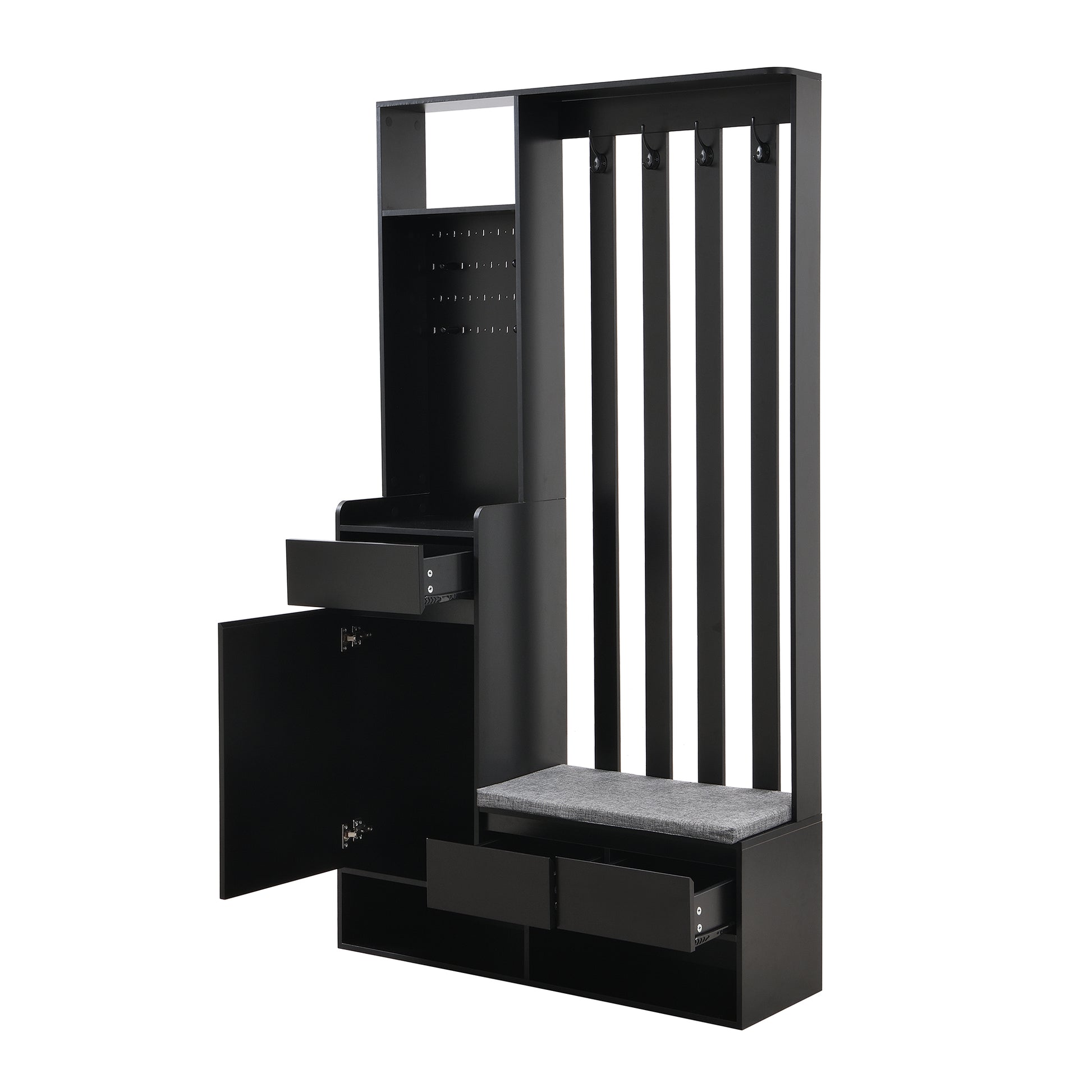 Black entryway organizer with bench multiple shelves drawers and coat hooks