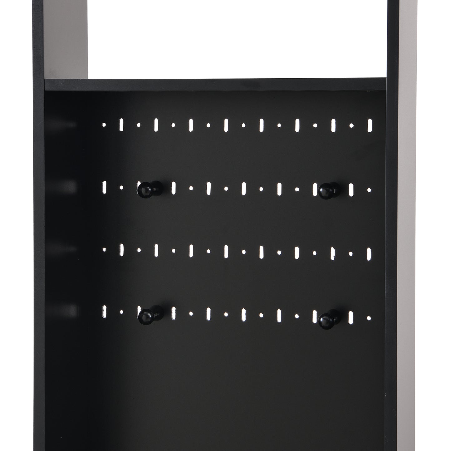 Black metal jewelry organizer with multiple earring holes and knob hooks