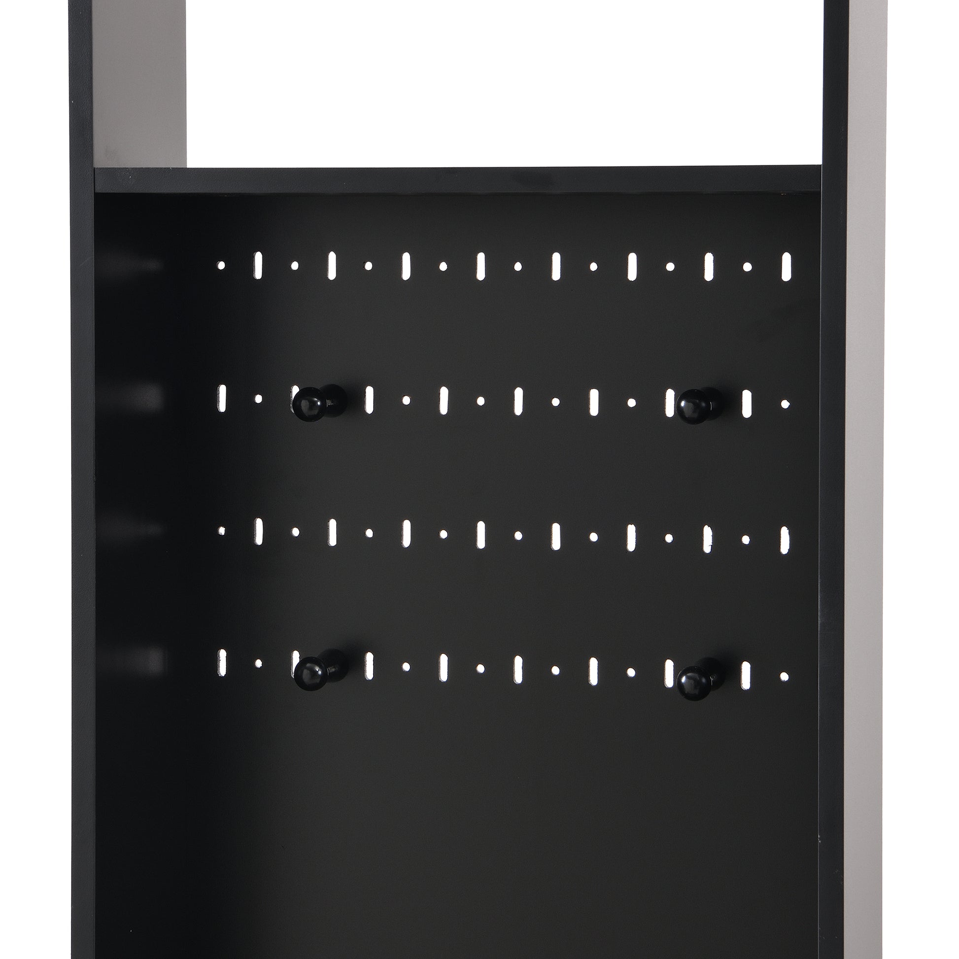 Black metal jewelry organizer with multiple earring holes and knob hooks