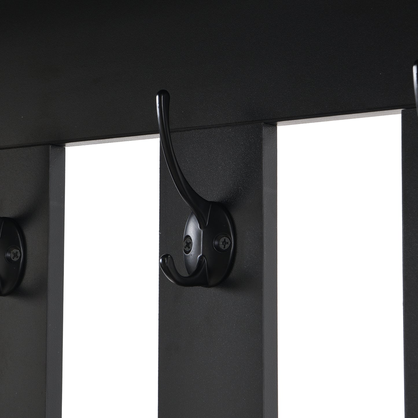 Black metal double coat hook with mounting screws