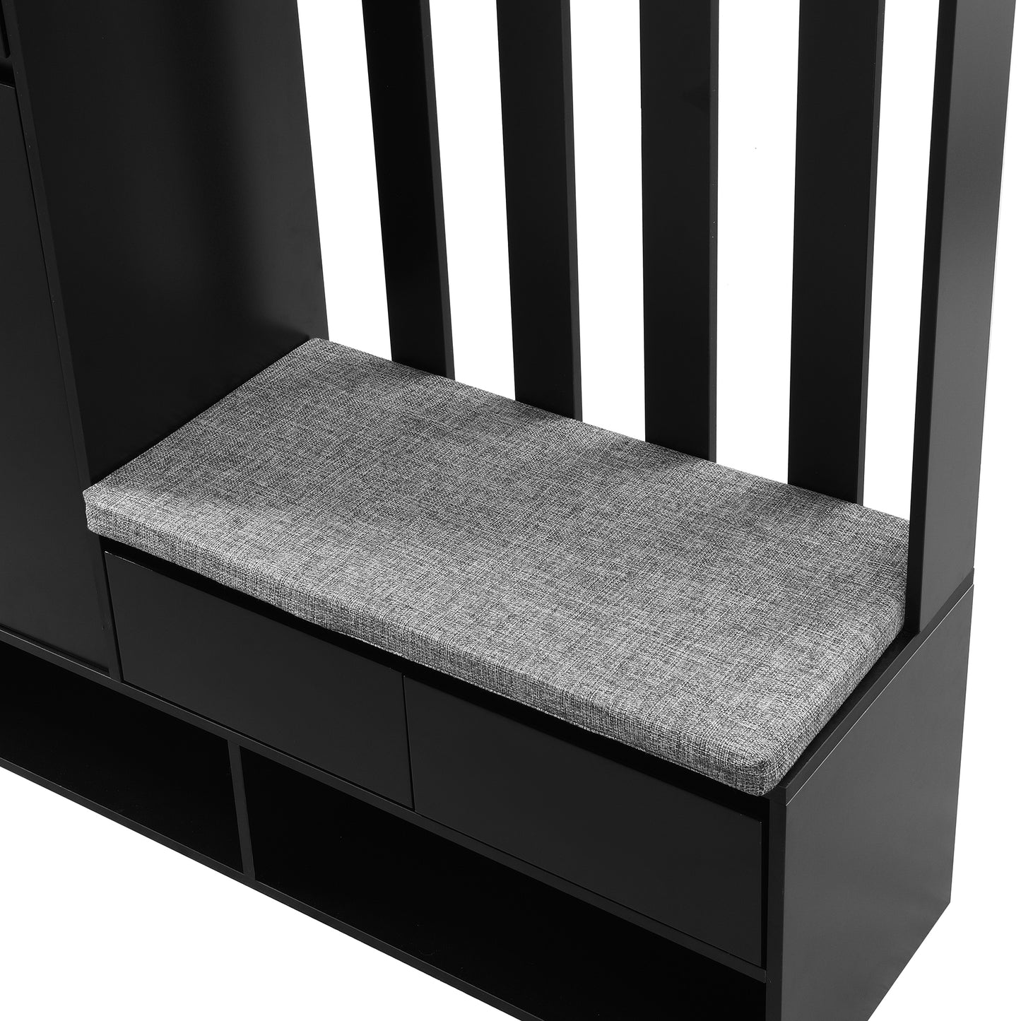 Black entryway bench with gray upholstered seat and storage drawers