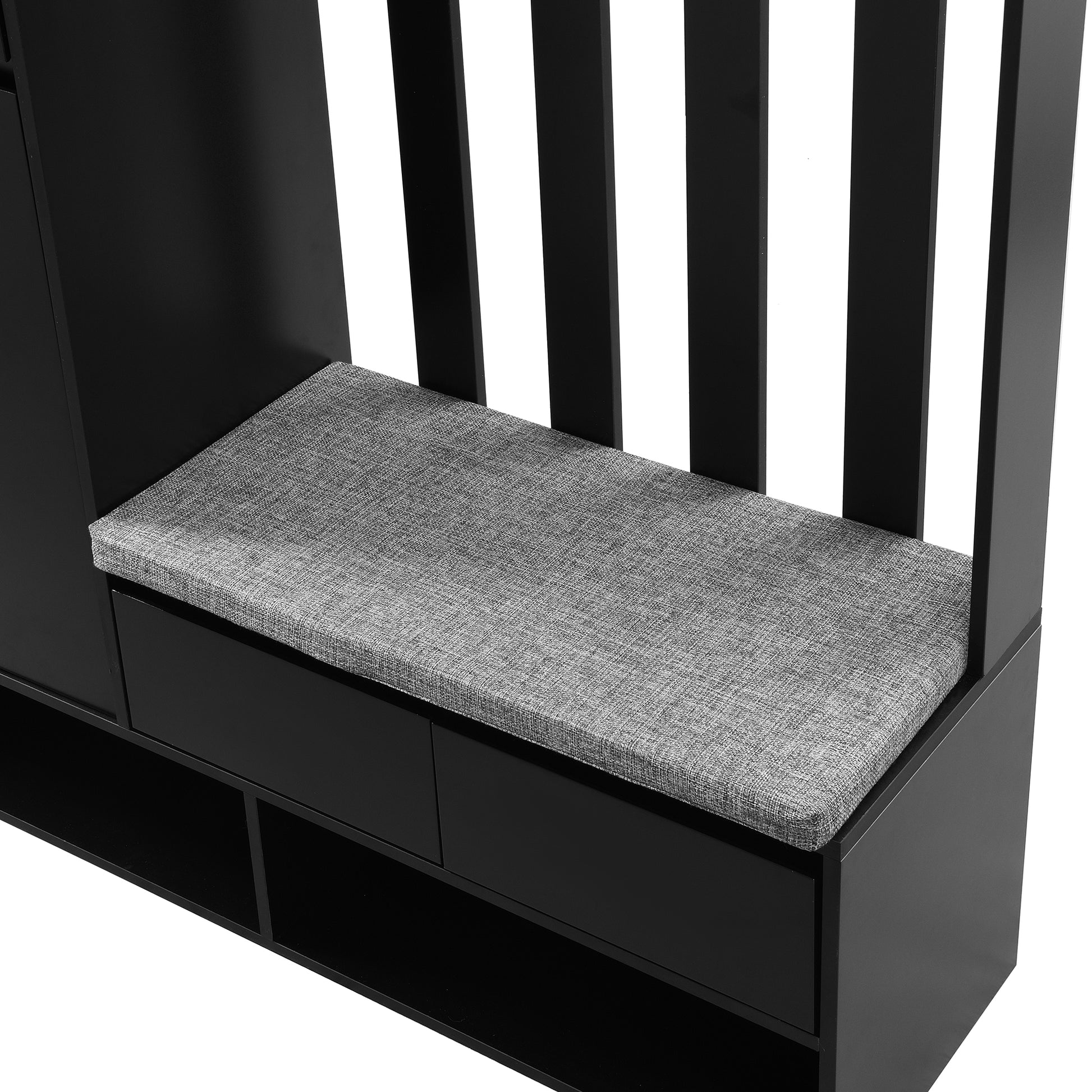 Black entryway bench with gray upholstered seat and storage drawers