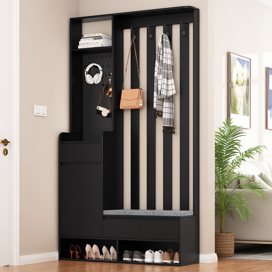 Black entryway bench with coat rack and shoe storage