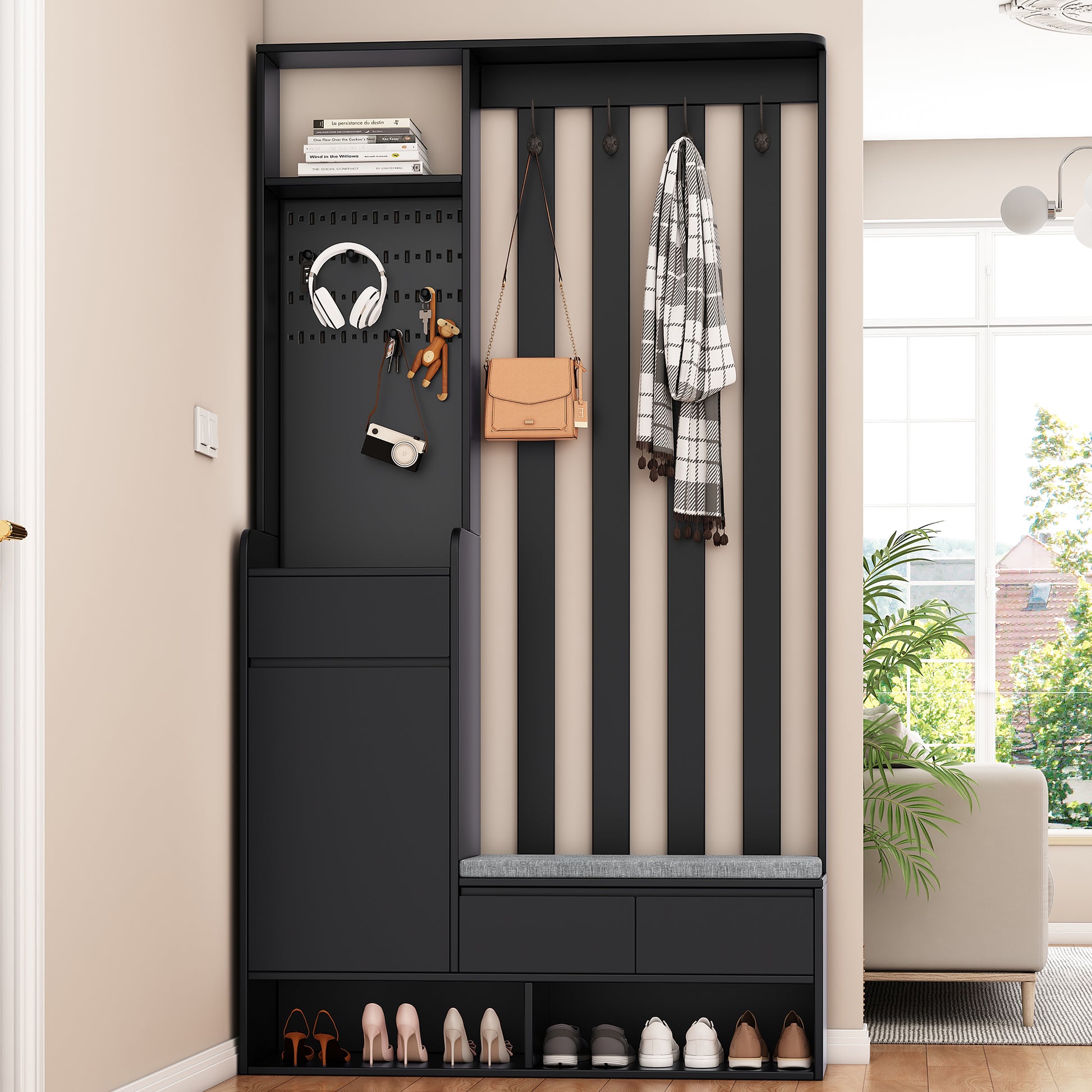 Black entryway organizer with bench and shoe storage