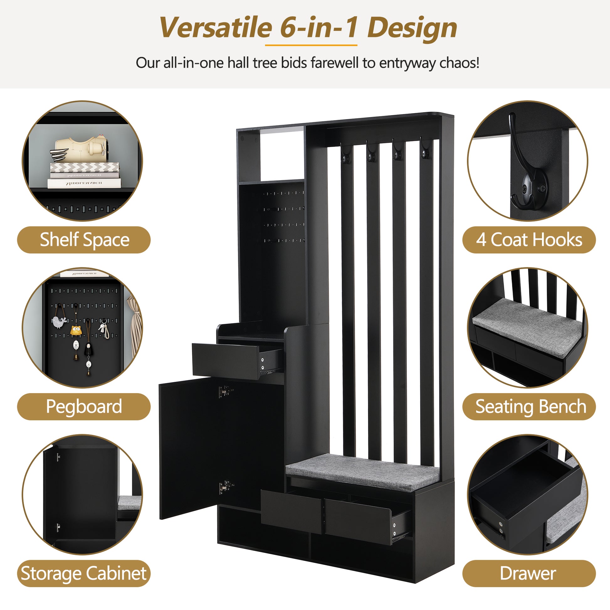 Black entryway hall tree with shelf space and drawers for organized storage