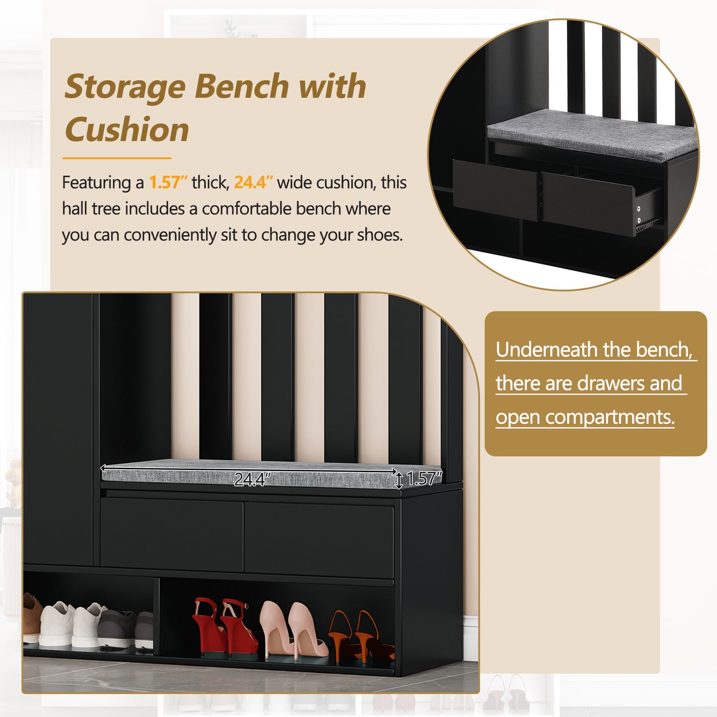 Black hall tree storage bench with gray cushion and drawers