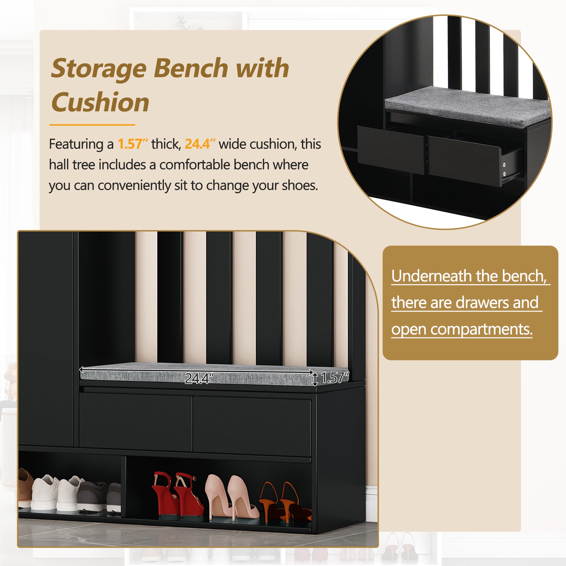 Black hall tree storage bench with gray cushion and drawers