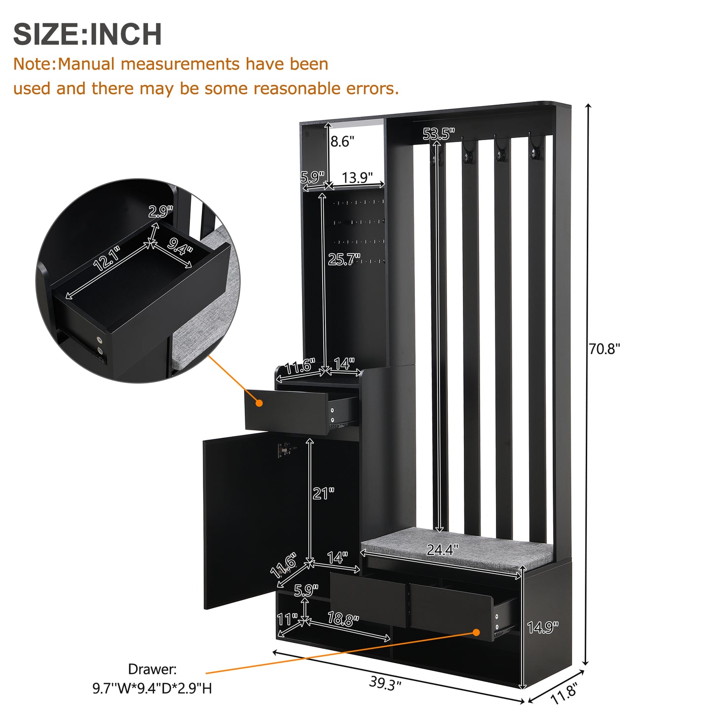 Black entryway bench with coat rack and storage drawers