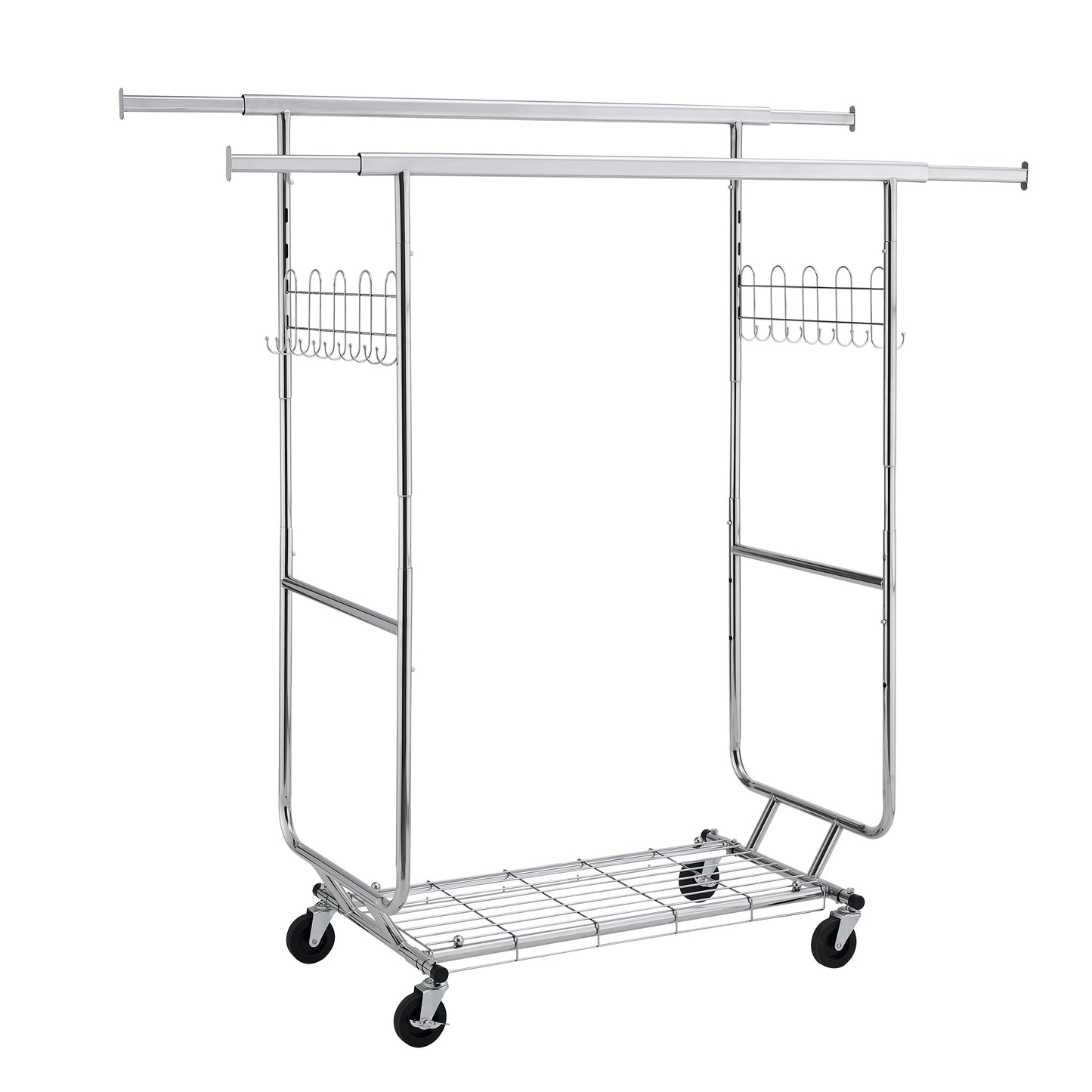Chrome garment rack with two hanging bars and bottom shelf