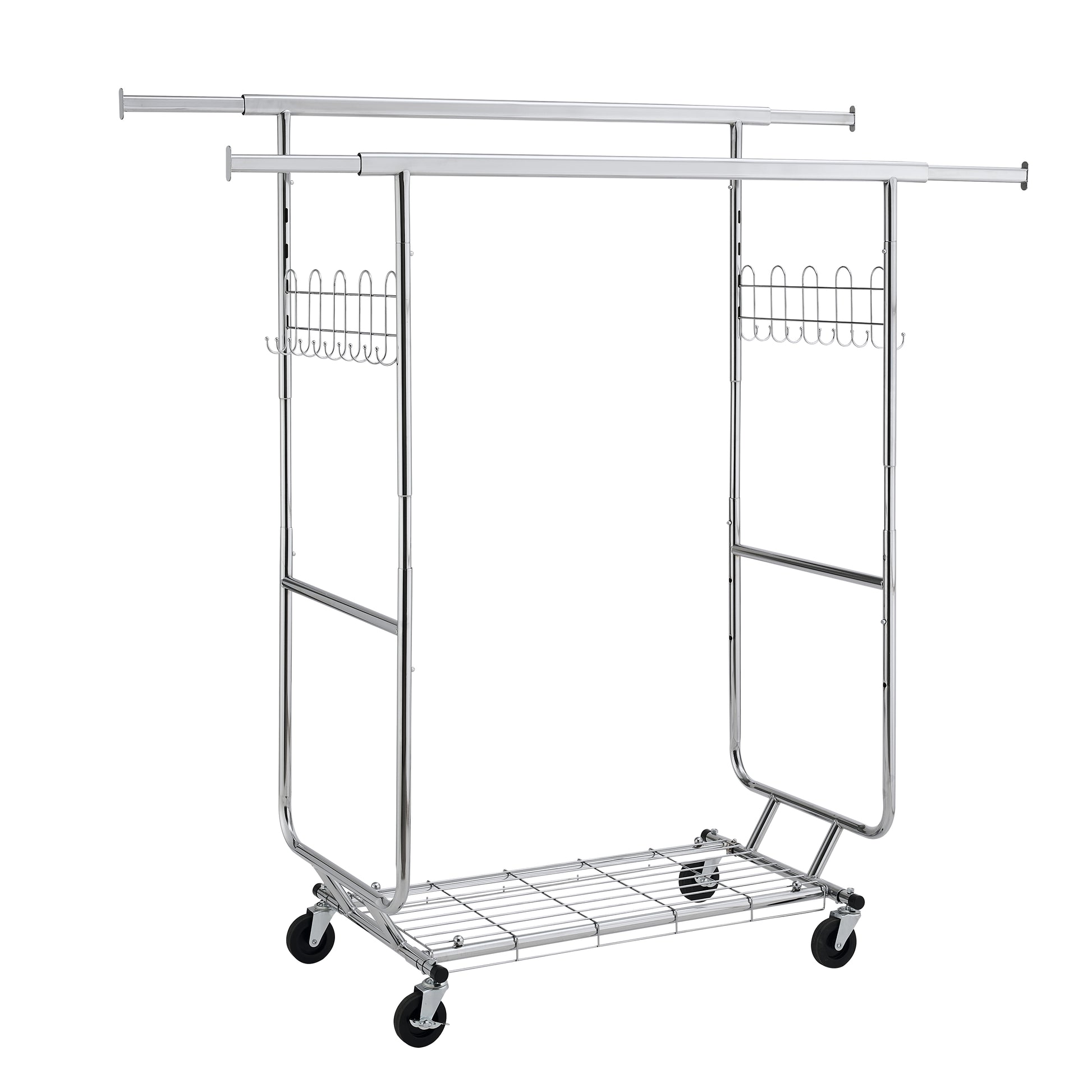 Chrome garment rack with two hanging bars and bottom shelf