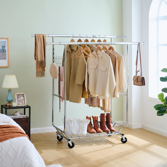 Doubletiered rolling garment rack with hanging clothes and boots