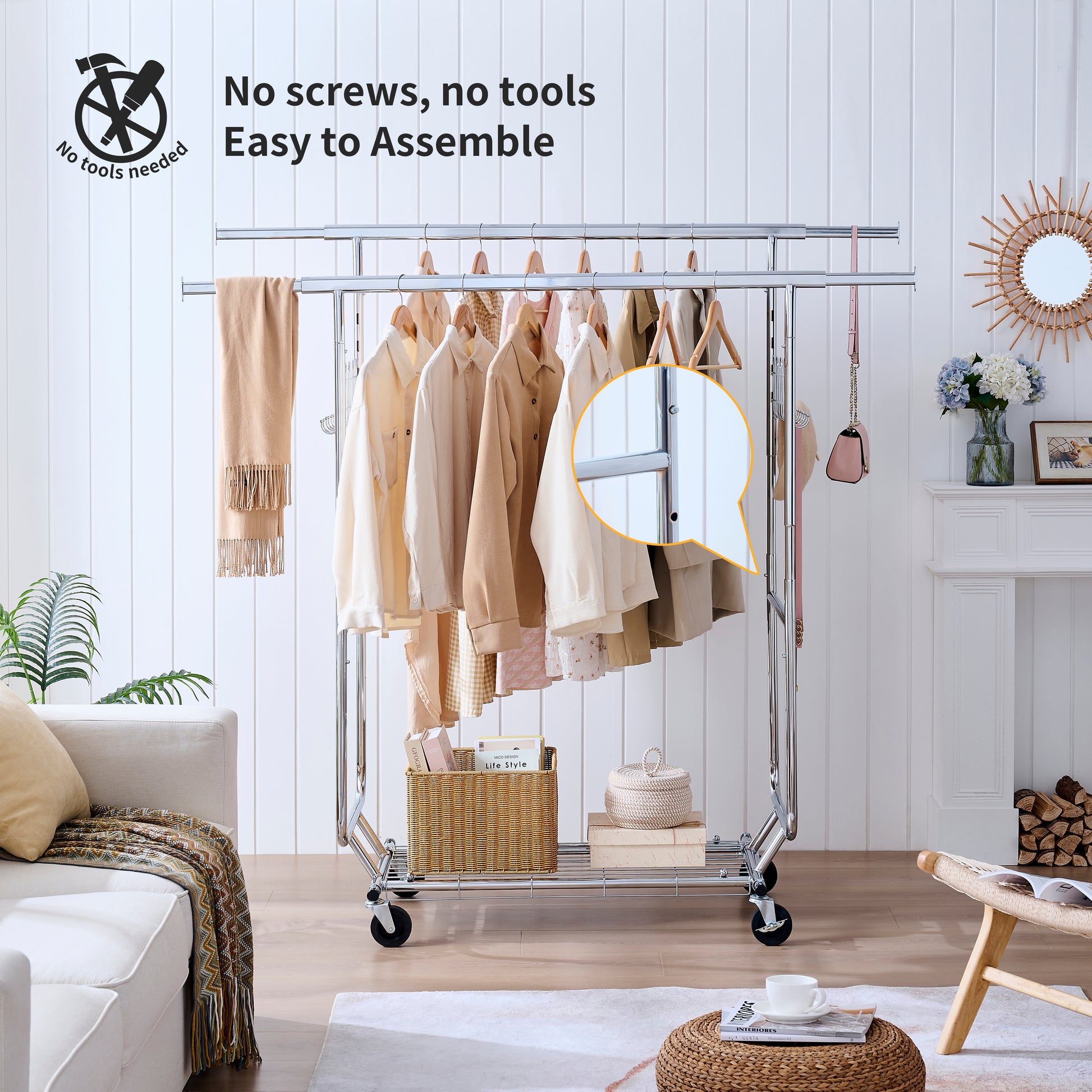 Chrome garment rack with double hanging rails and clothes