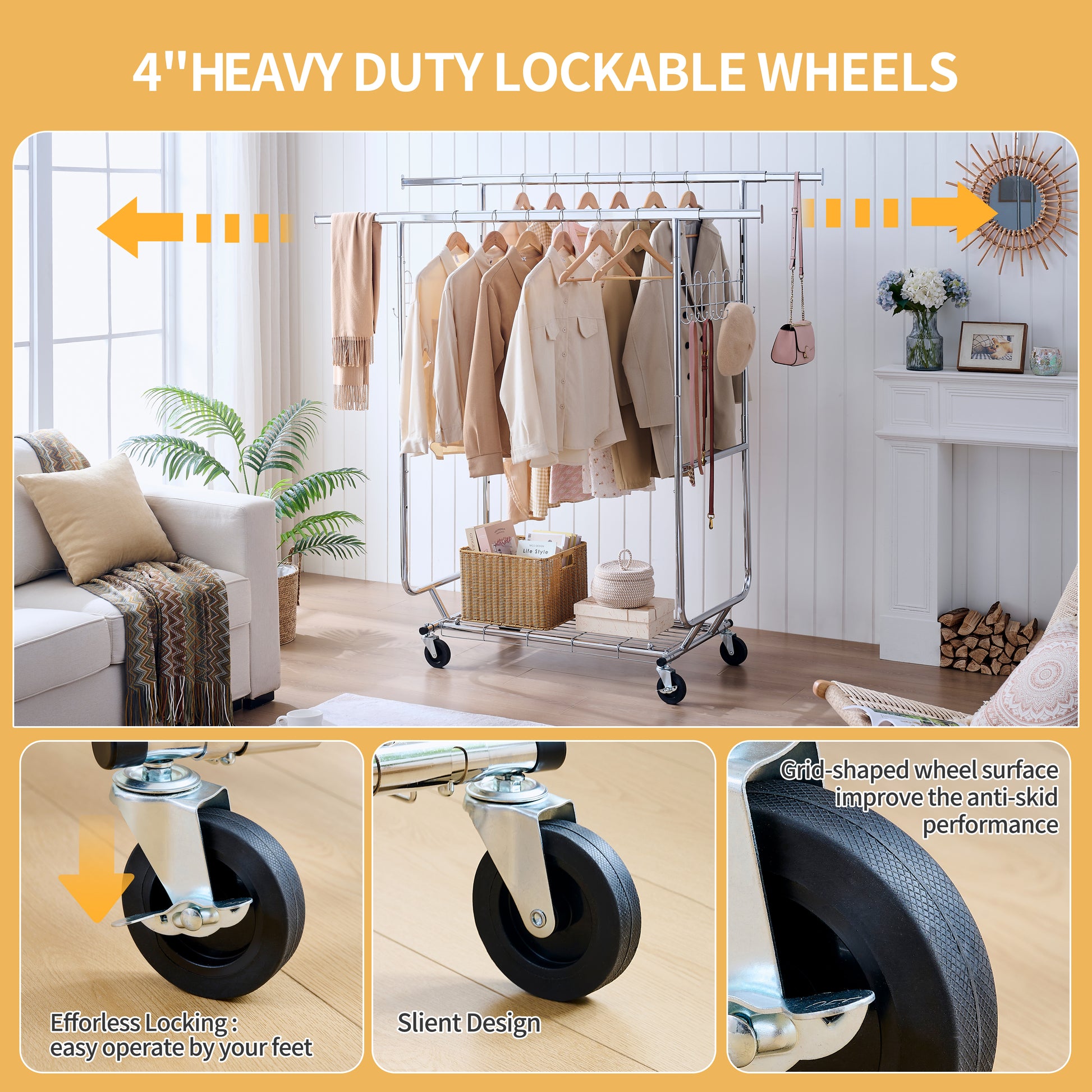 Heavy duty clothing rack with  lockable wheels and various garments