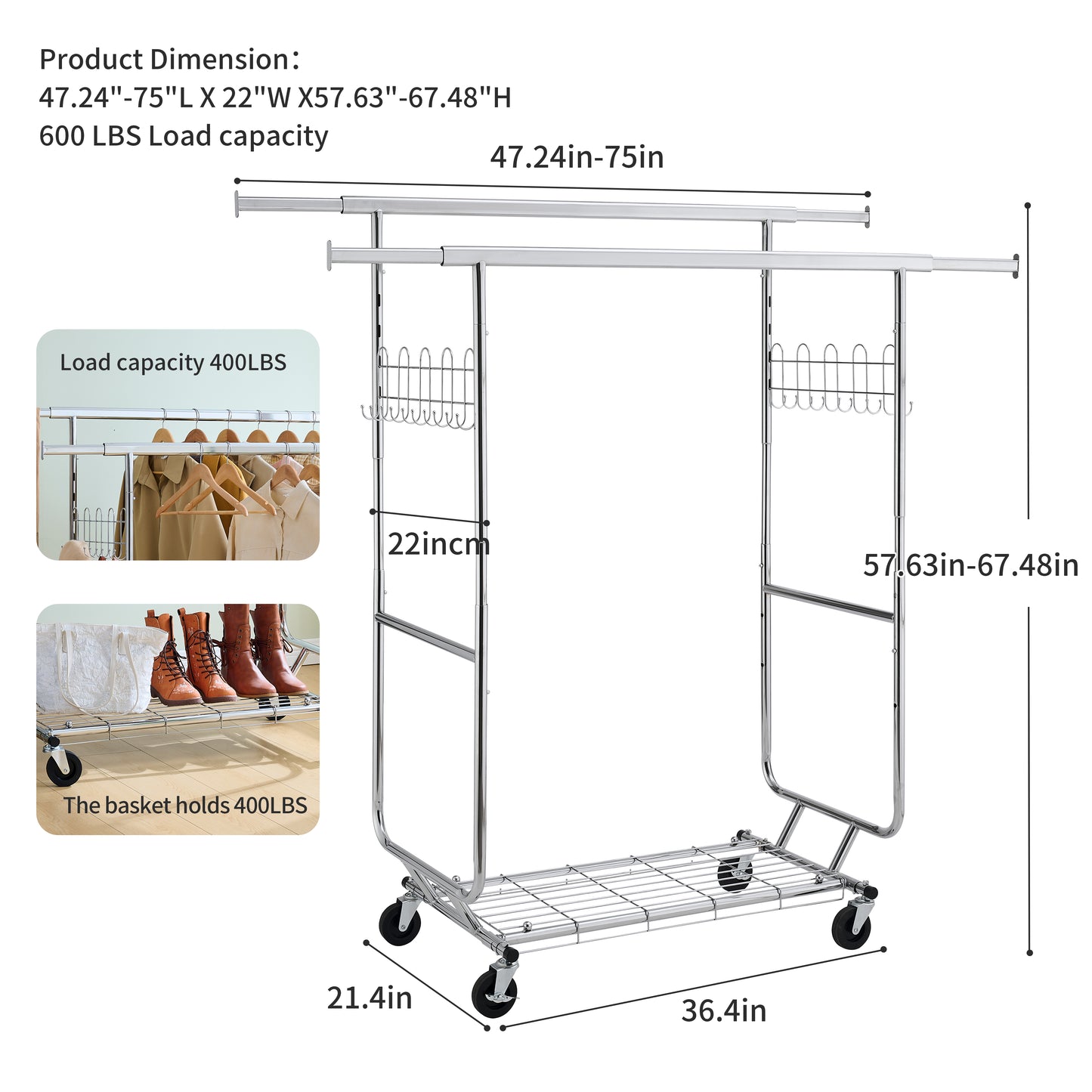 Chrome garment rack with double bars and wire shelving
