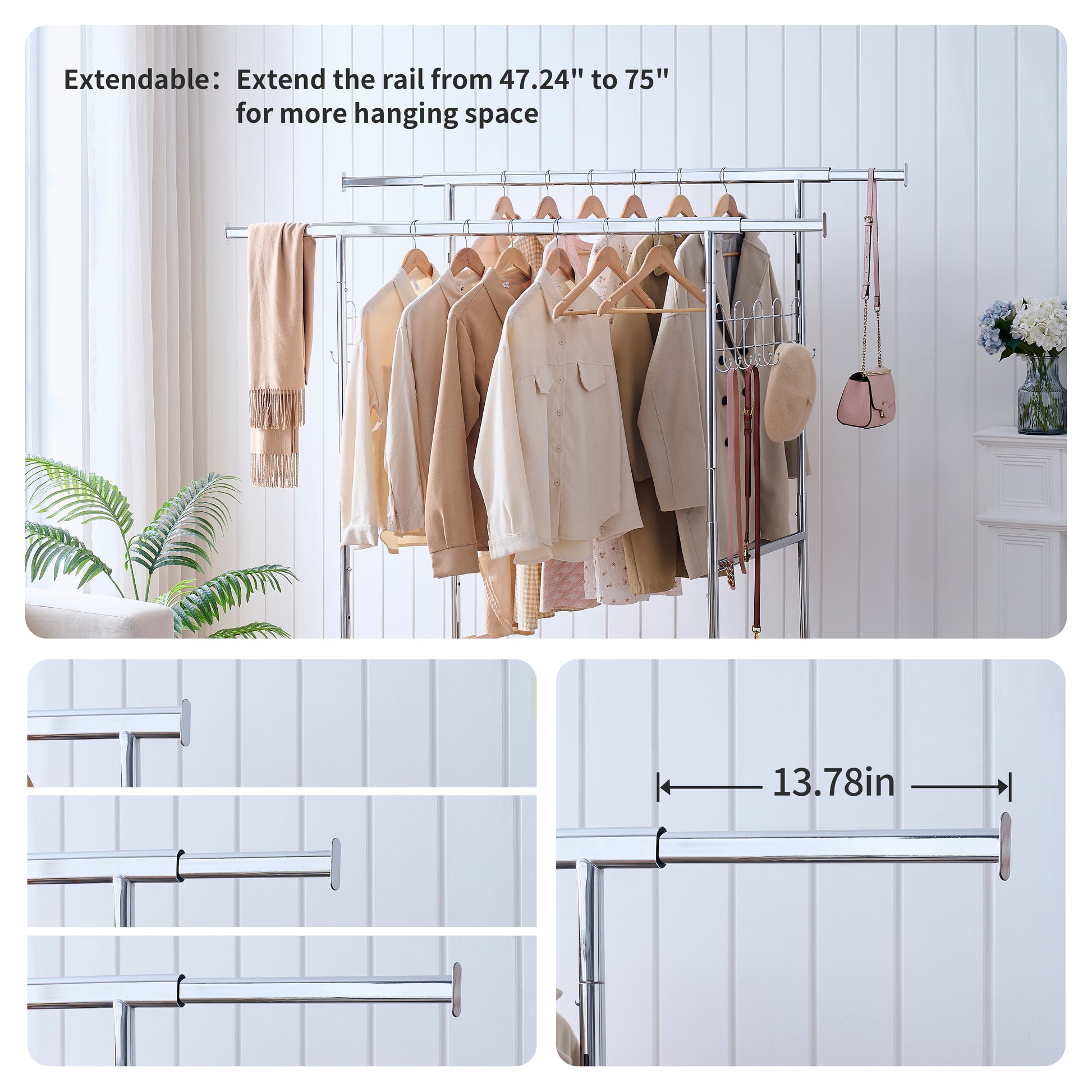 Extendable garment rack with multiple hanging levels for clothes storage