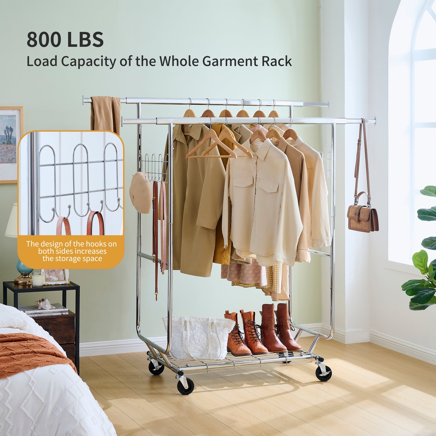 Doublerod chrome garment rack with attached hooks for bags and accessories