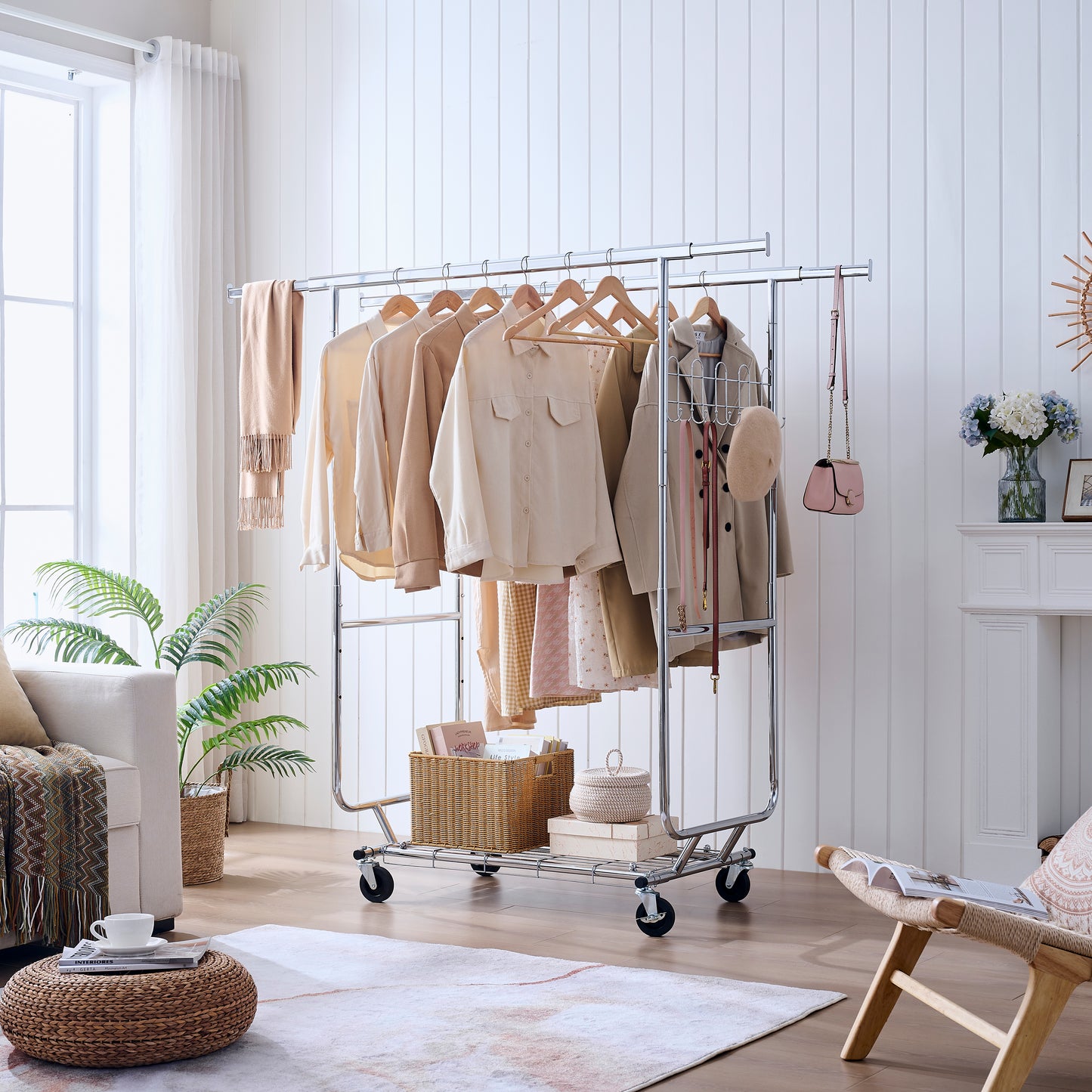Chrome garment rack with neutraltoned clothing and accessories