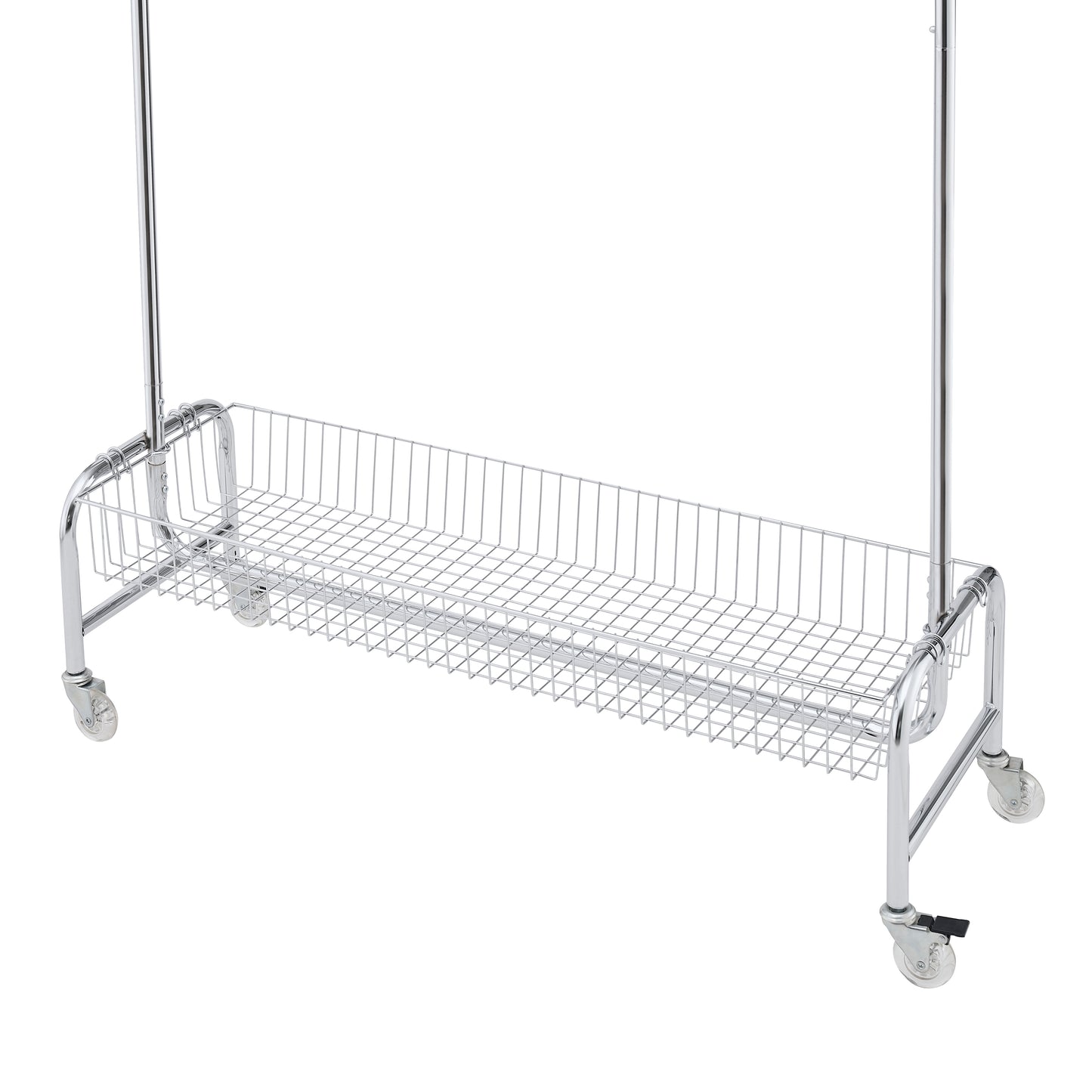 Chrome garment rack with rolling caster wheels and a bottom wire basket